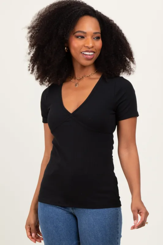 Black Solid Ribbed Short Sleeve V-Neck Basic Top sold by Pinkblush