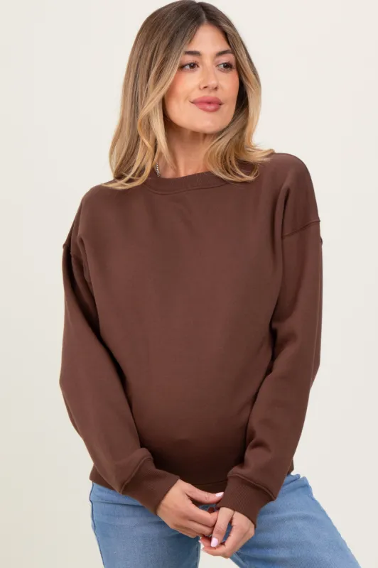 Brown Basic Fleece Crewneck Maternity Sweatshirt sold by Pinkblush