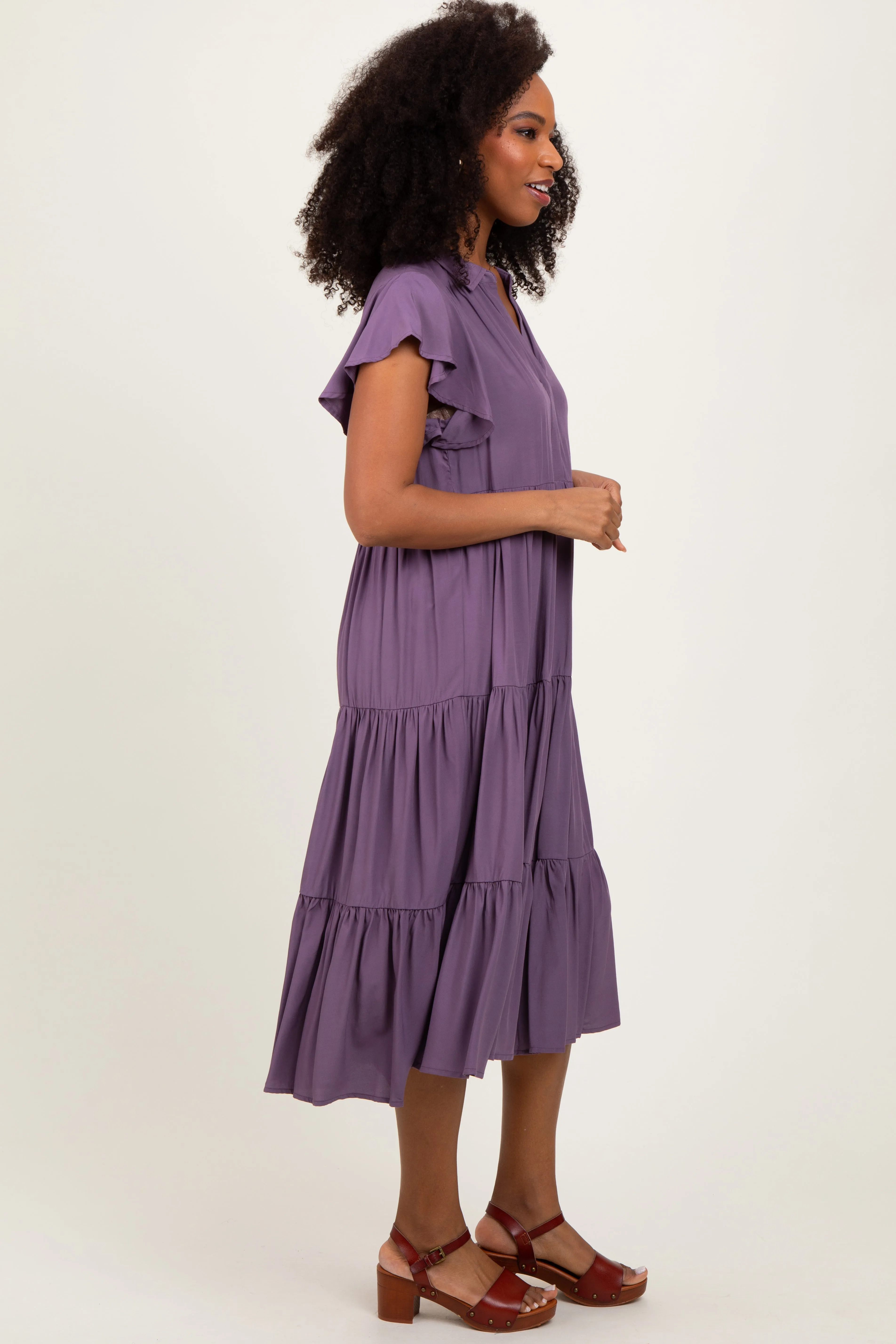 Plum Ruffle Sleeve V-Neck Tiered Midi Dress sold by Pinkblush product image thumbnail 3