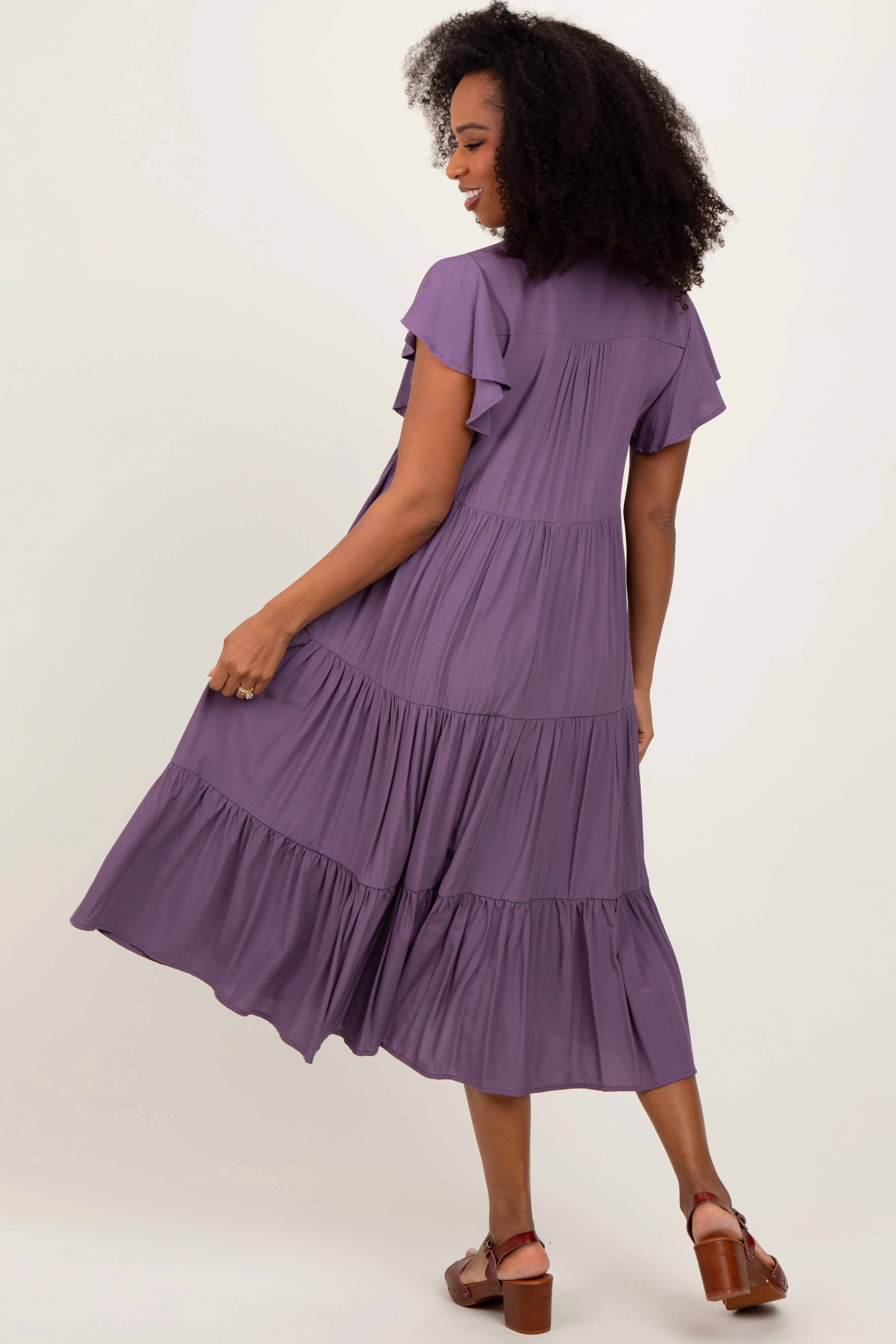 Plum Ruffle Sleeve V-Neck Tiered Midi Dress sold by Pinkblush product image thumbnail 4