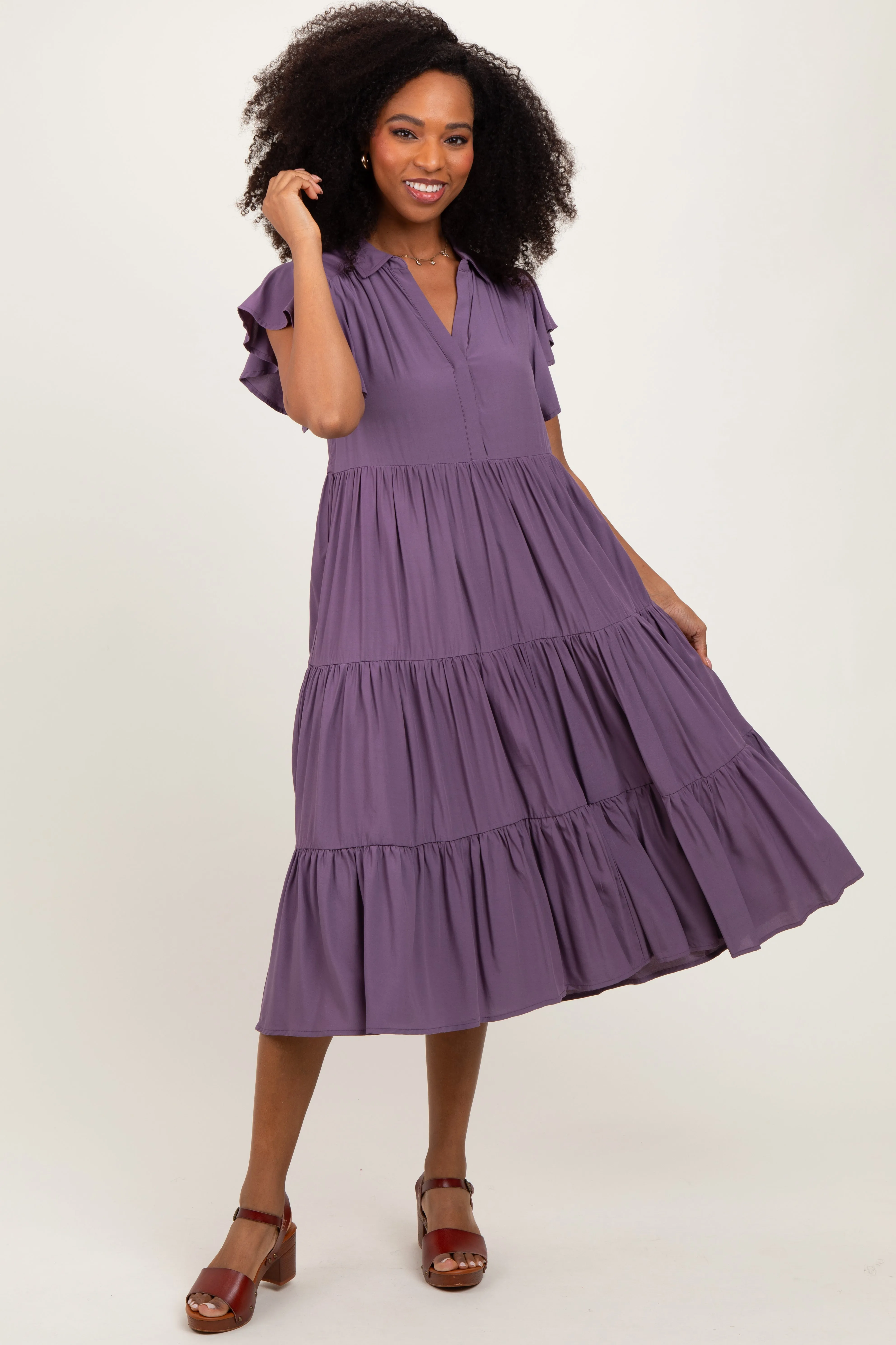 Plum Ruffle Sleeve V-Neck Tiered Midi Dress sold by Pinkblush product image thumbnail 2