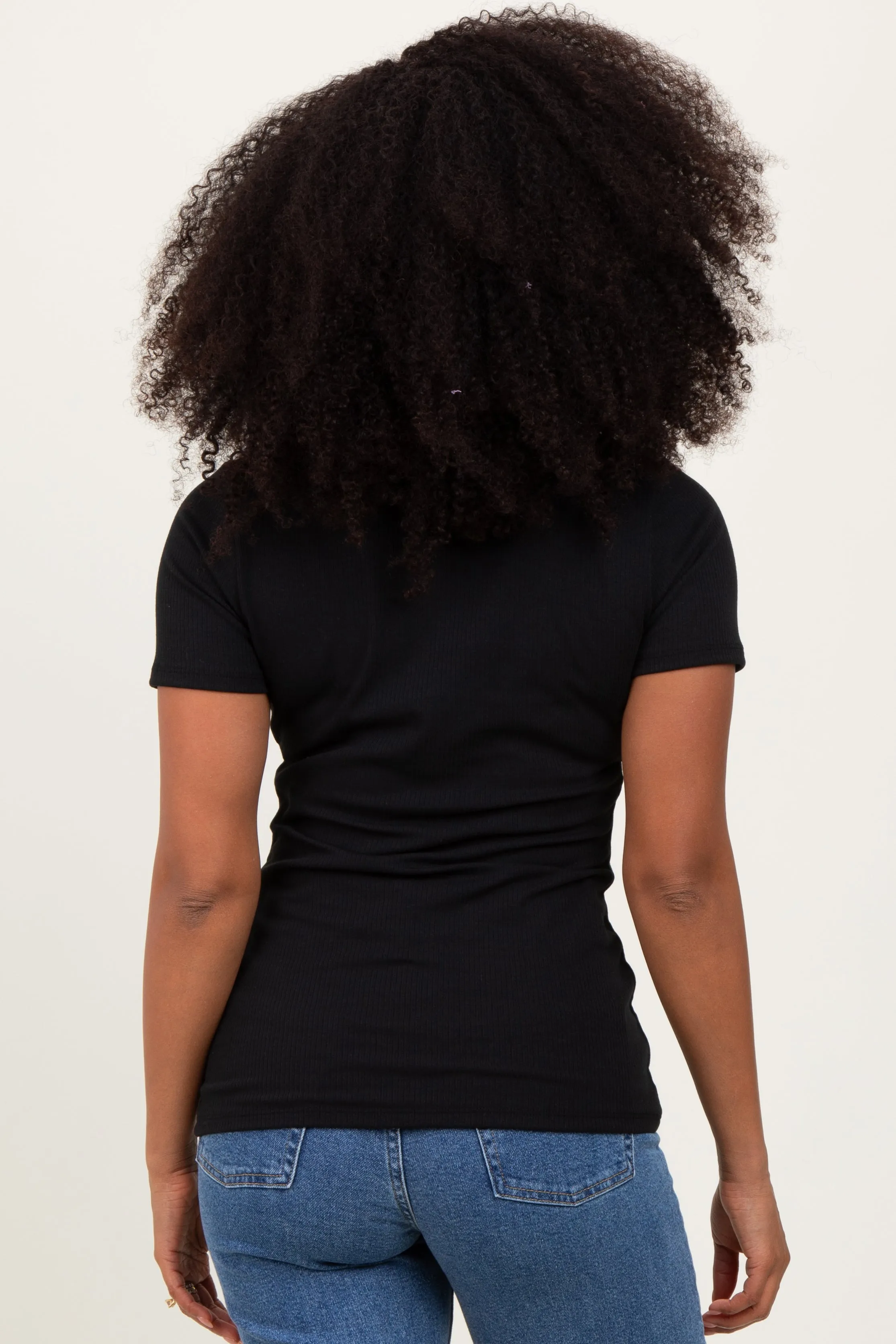 Black Solid Ribbed Short Sleeve V-Neck Basic Top sold by Pinkblush product image thumbnail 3