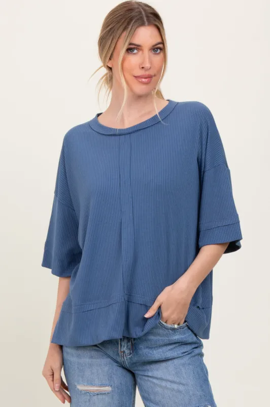 Blue Ribbed Boxy Fit Short Sleeve Top sold by Pinkblush
