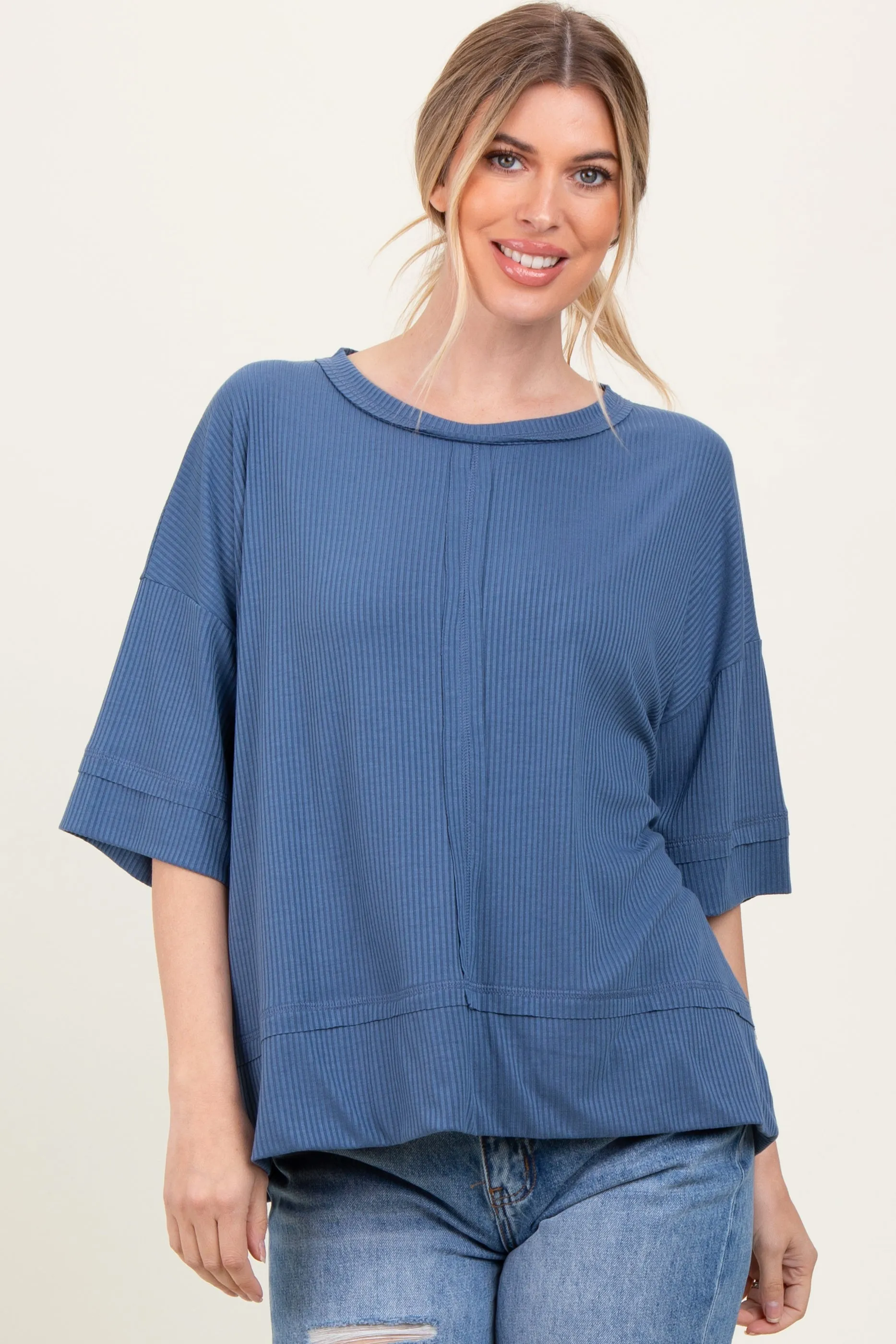 Blue Ribbed Boxy Fit Short Sleeve Top sold by Pinkblush product image thumbnail 2