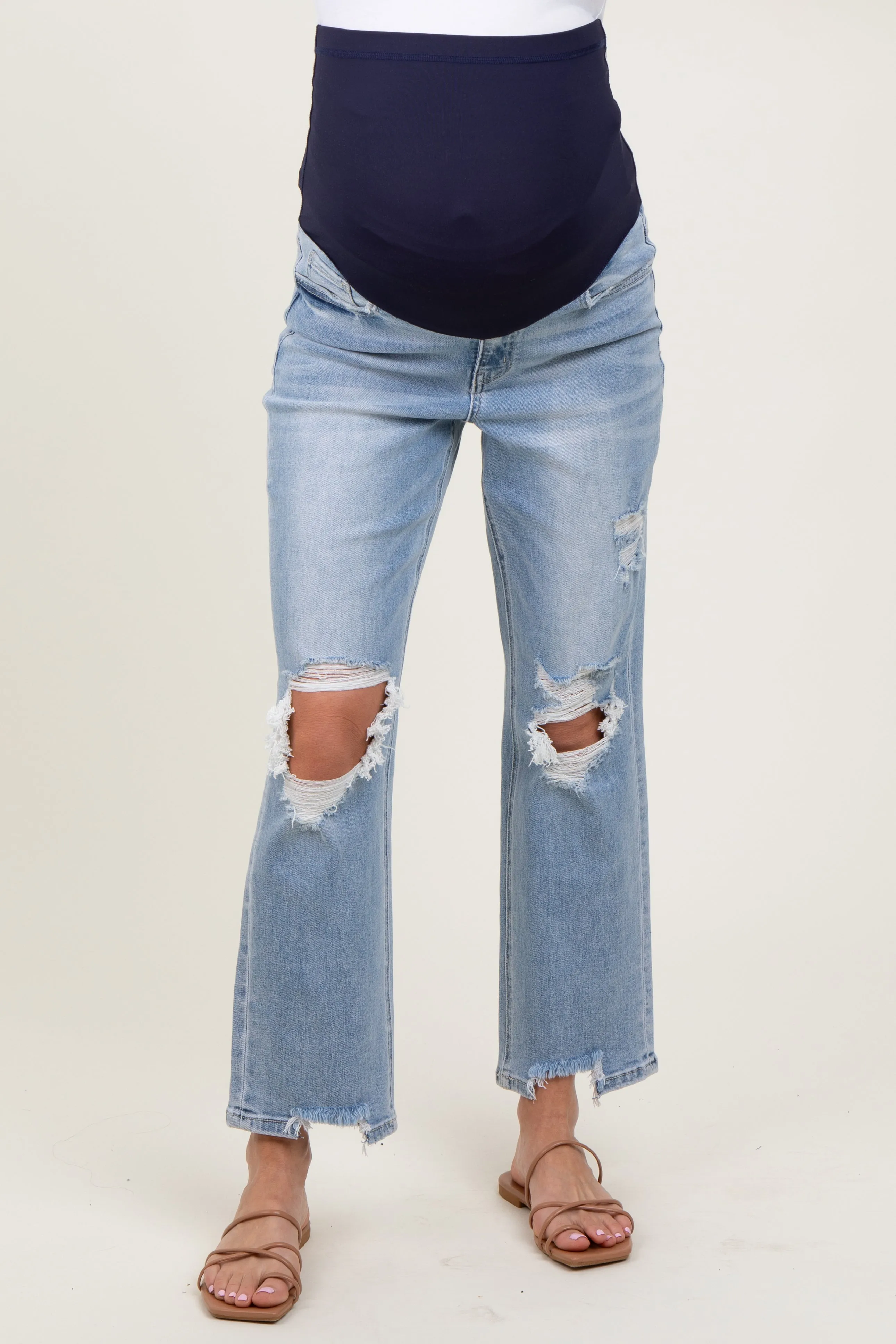 Light Blue Distressed Cutout Maternity Straight Leg Ankle Jeans sold by Pinkblush product image thumbnail 3