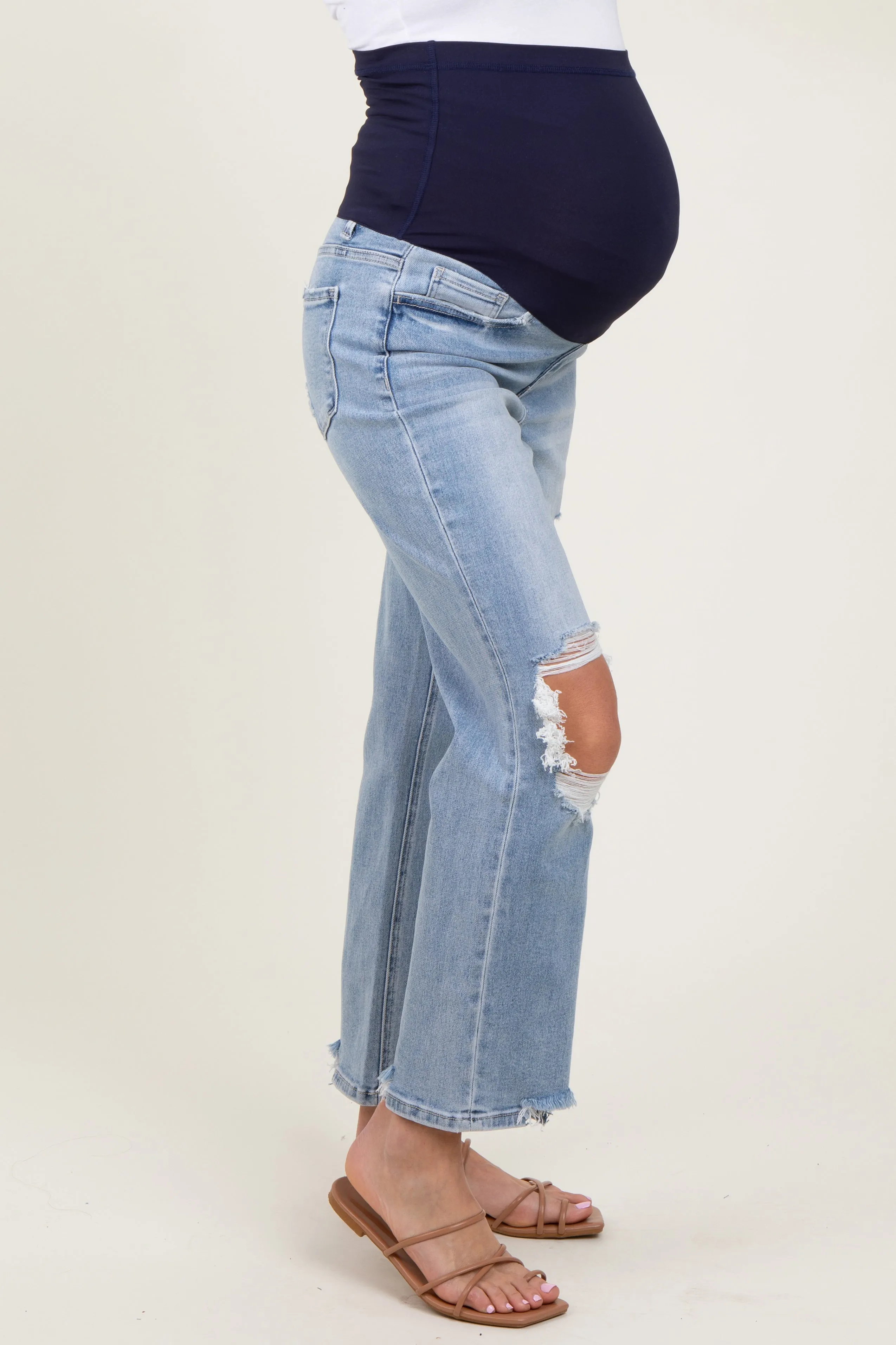 Light Blue Distressed Cutout Maternity Straight Leg Ankle Jeans sold by Pinkblush product image thumbnail 4