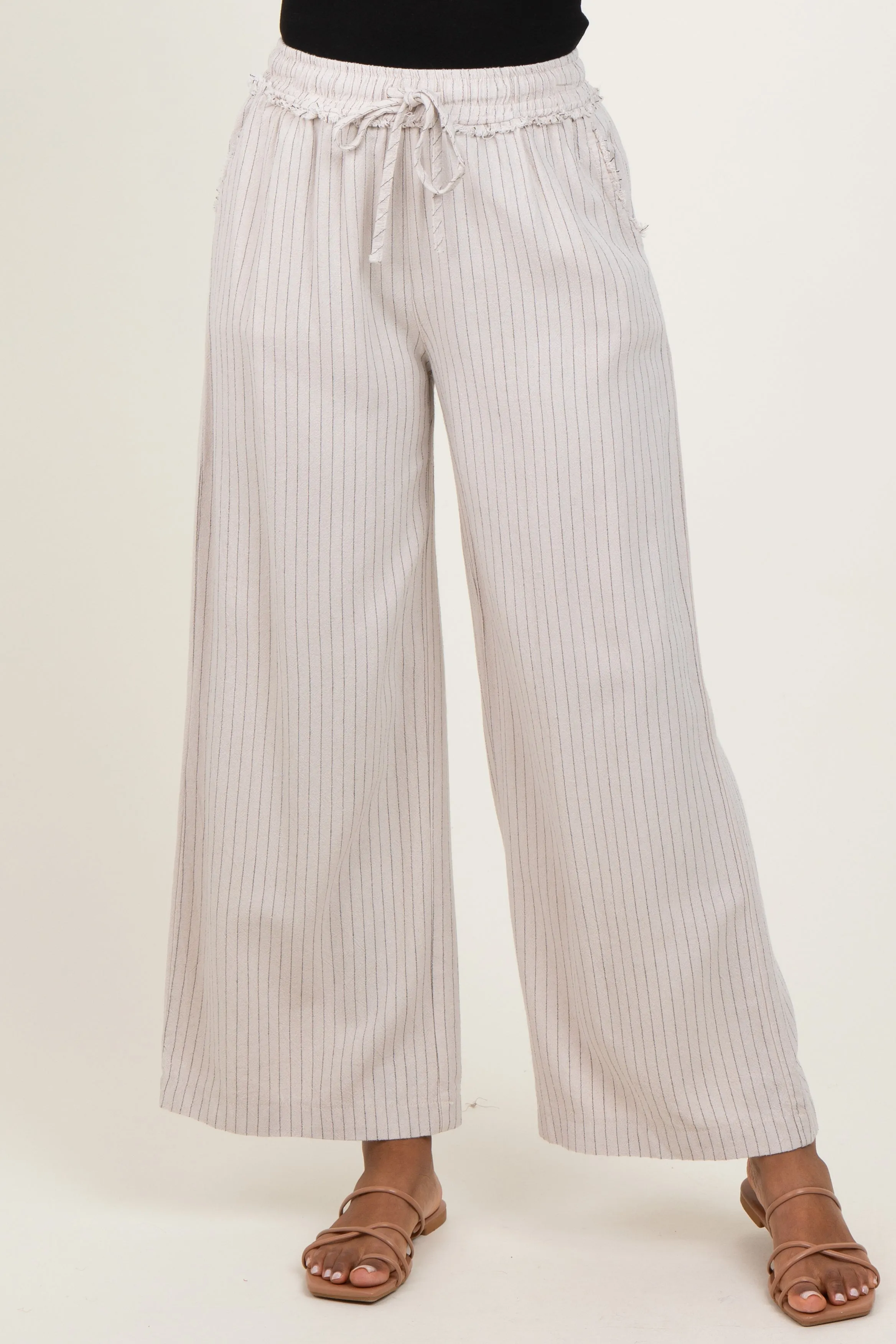 Cream Striped Drawstring Linen Blend Wide Leg Pants sold by Pinkblush product image thumbnail 2