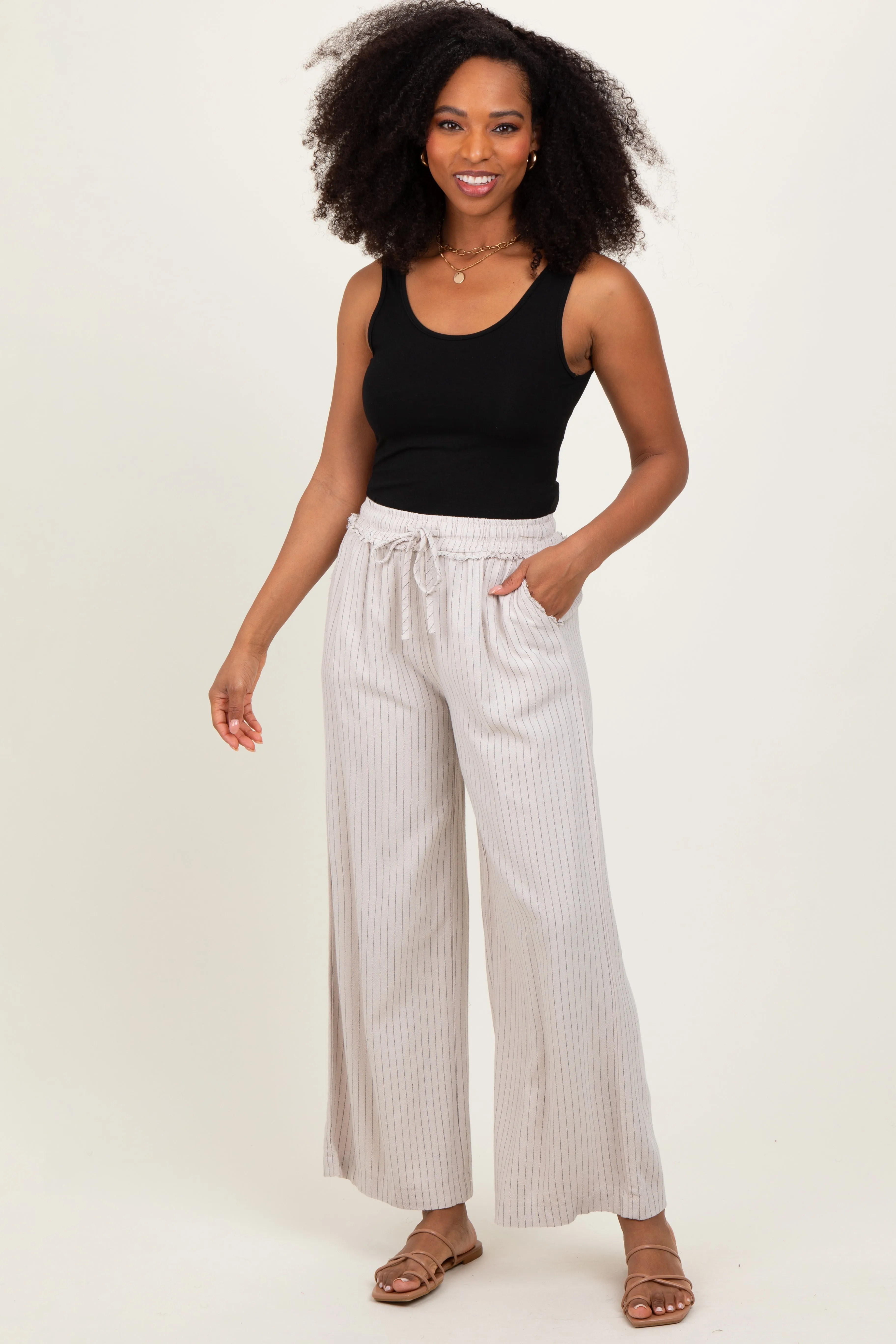 Cream Striped Drawstring Linen Blend Wide Leg Pants sold by Pinkblush