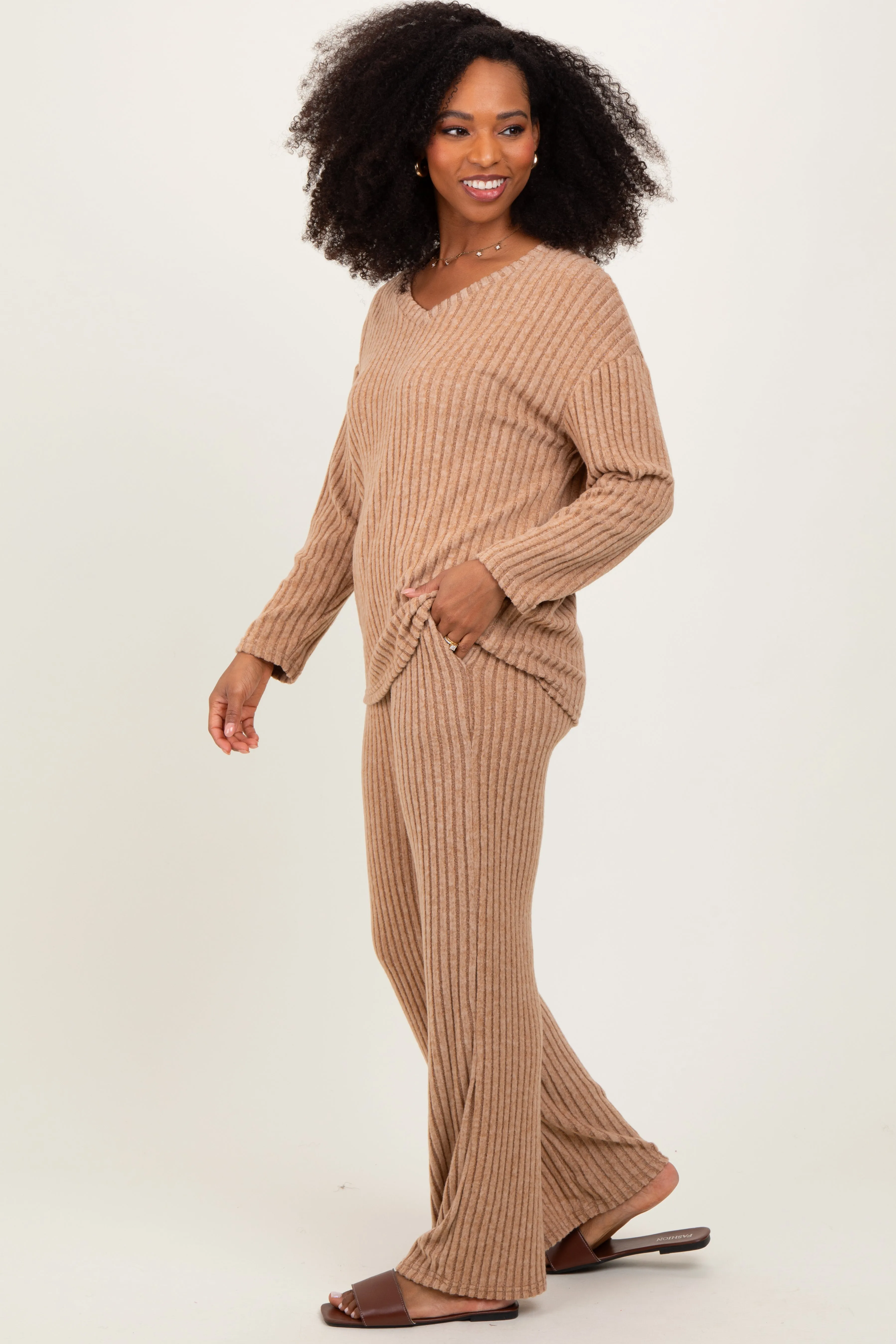 Taupe Ribbed Soft Knit Long Sleeve Pajama Set sold by Pinkblush product image thumbnail 3