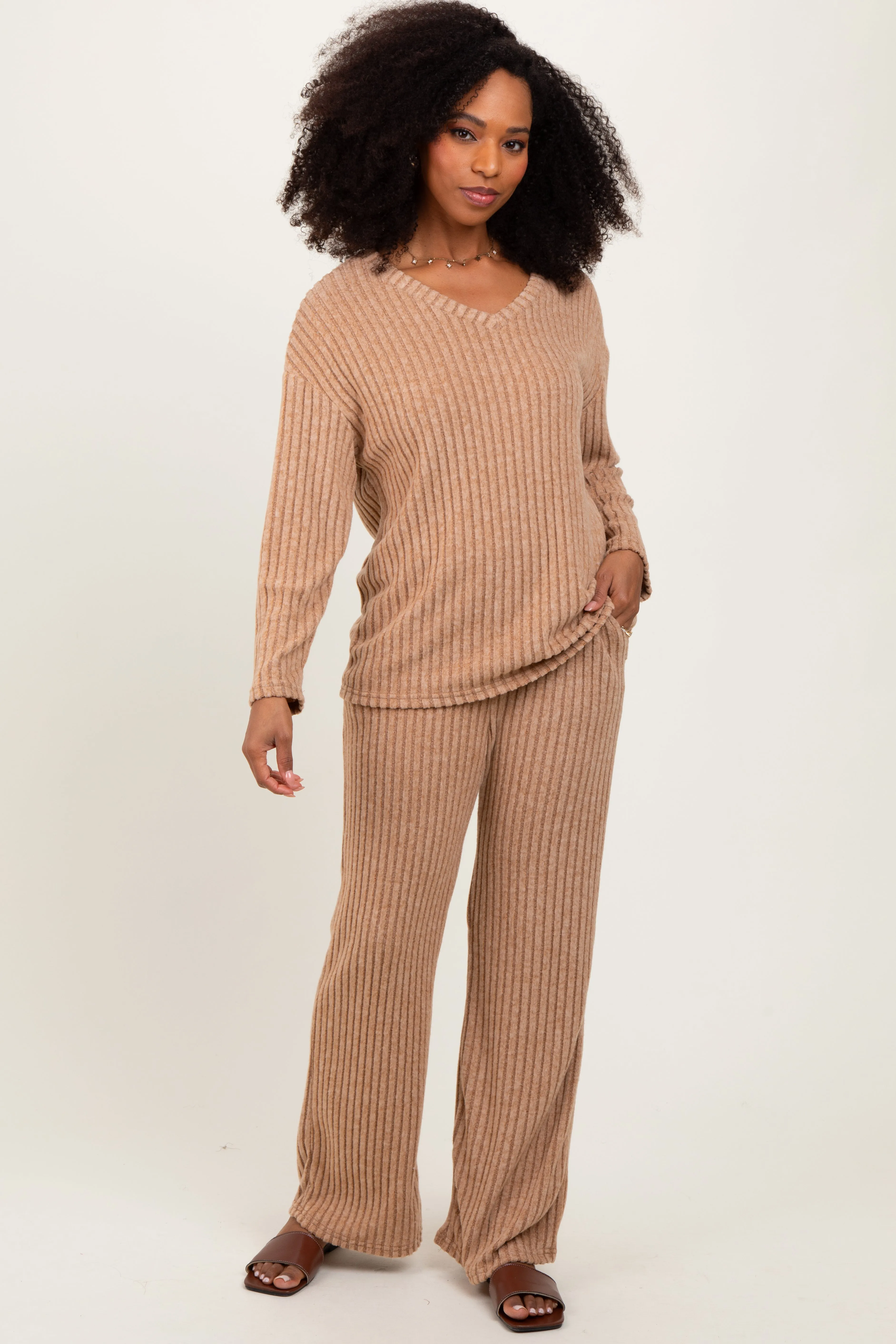 Taupe Ribbed Soft Knit Long Sleeve Pajama Set sold by Pinkblush