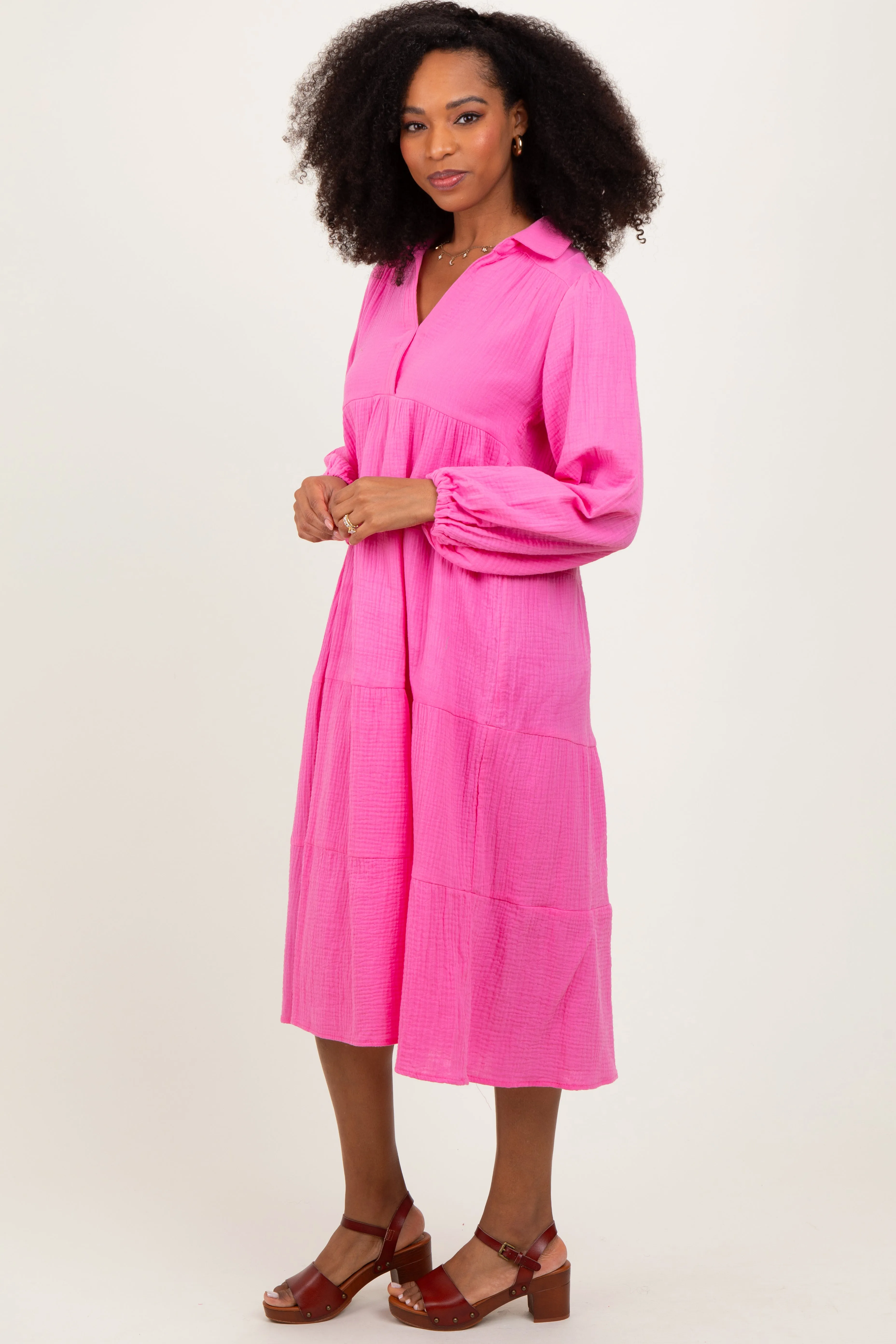 Fuchsia Light Weight Collared Tiered Midi Dress sold by Pinkblush product image thumbnail 2