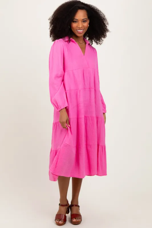 Fuchsia Light Weight Collared Tiered Midi Dress sold by Pinkblush