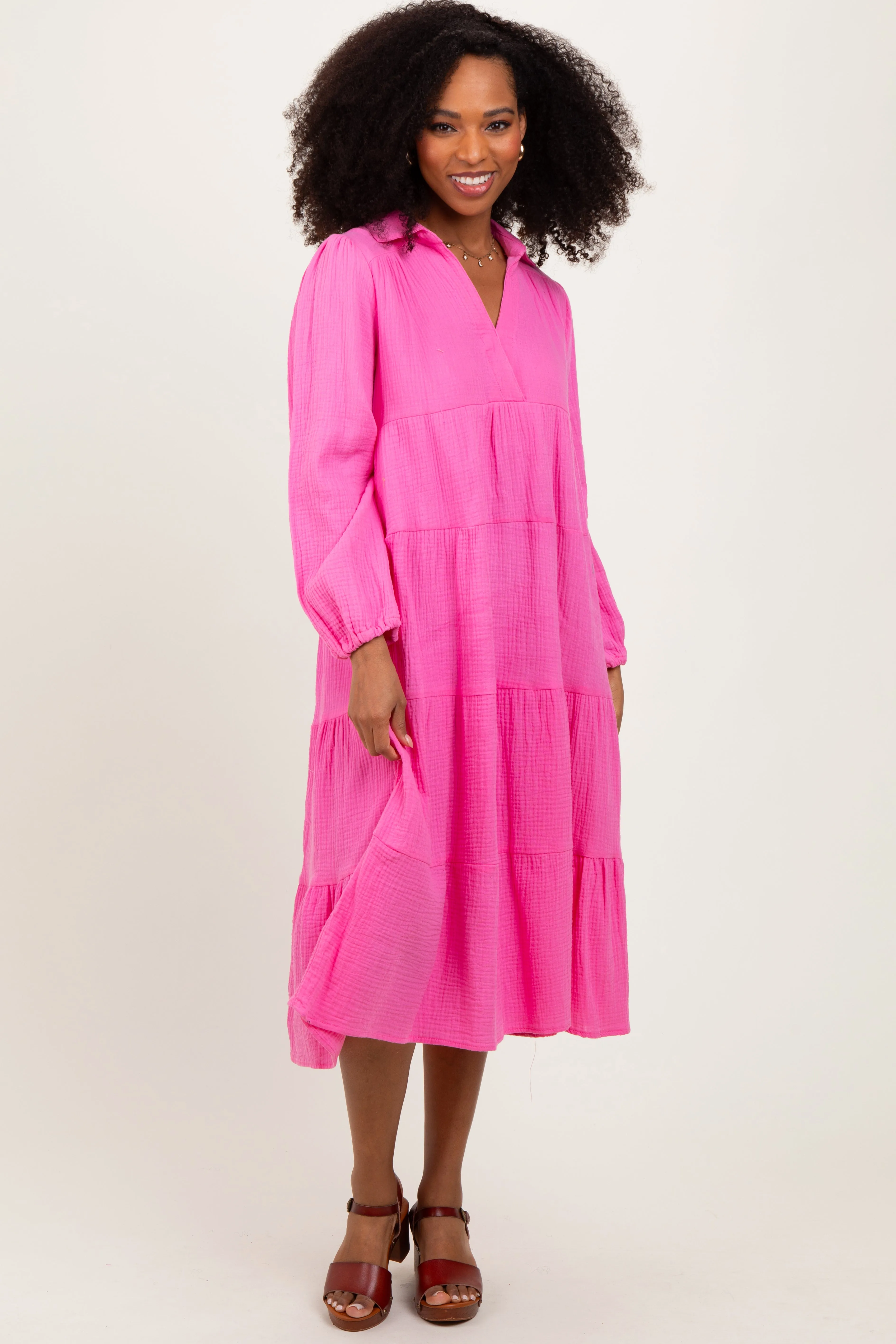Fuchsia Light Weight Collared Tiered Midi Dress sold by Pinkblush