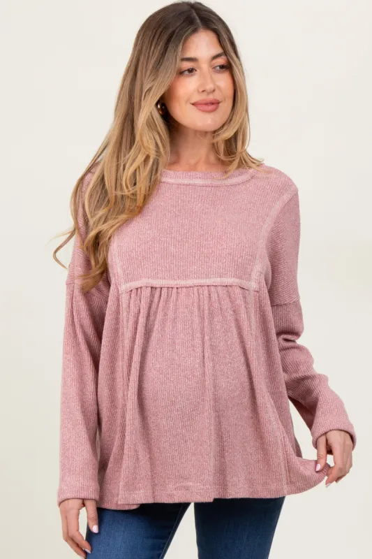 Mauve Ribbed Brushed Knit Oversized Long Sleeve Maternity Top sold by Pinkblush