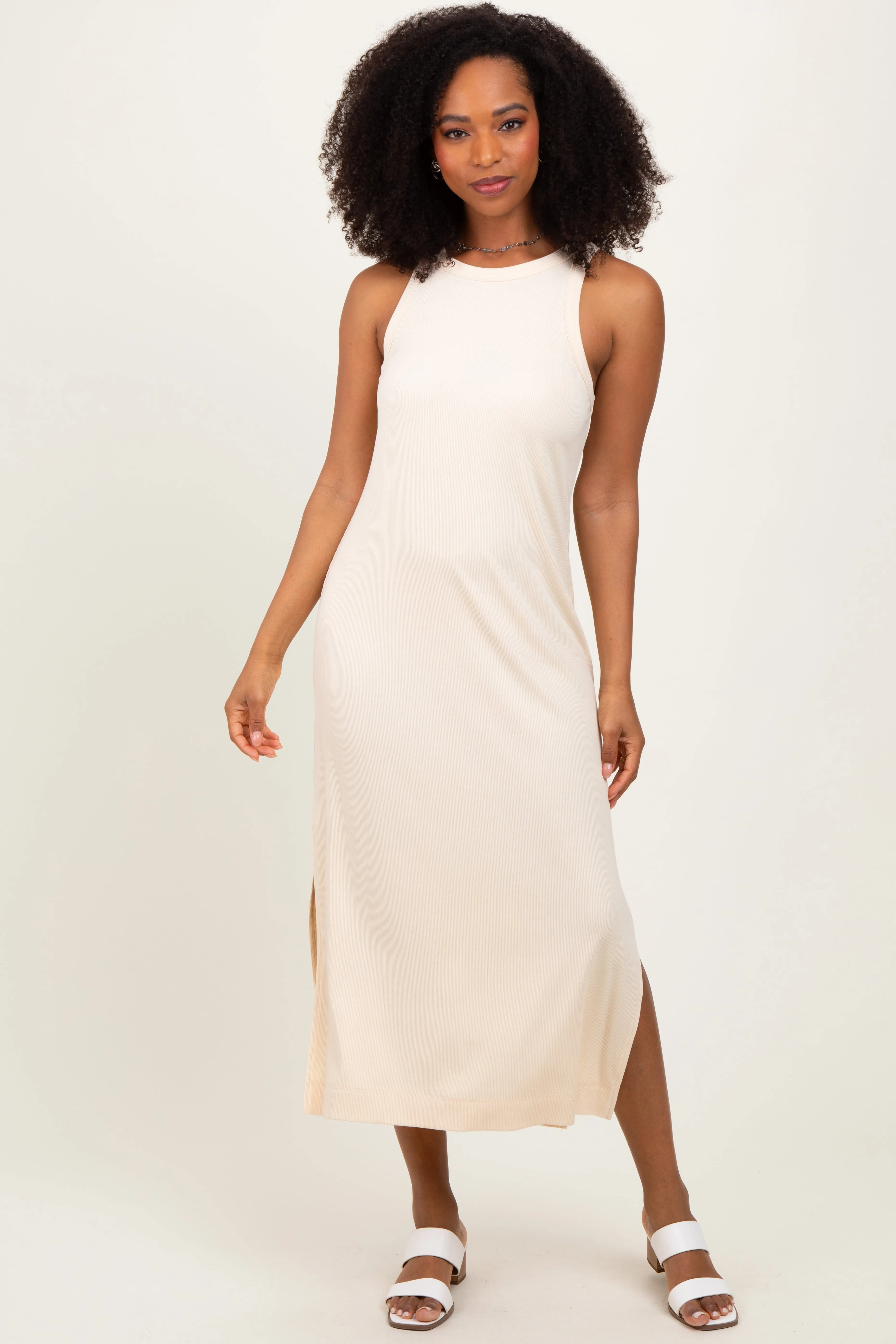 Cream Sleeveless Side Slit Midi Dress sold by Pinkblush