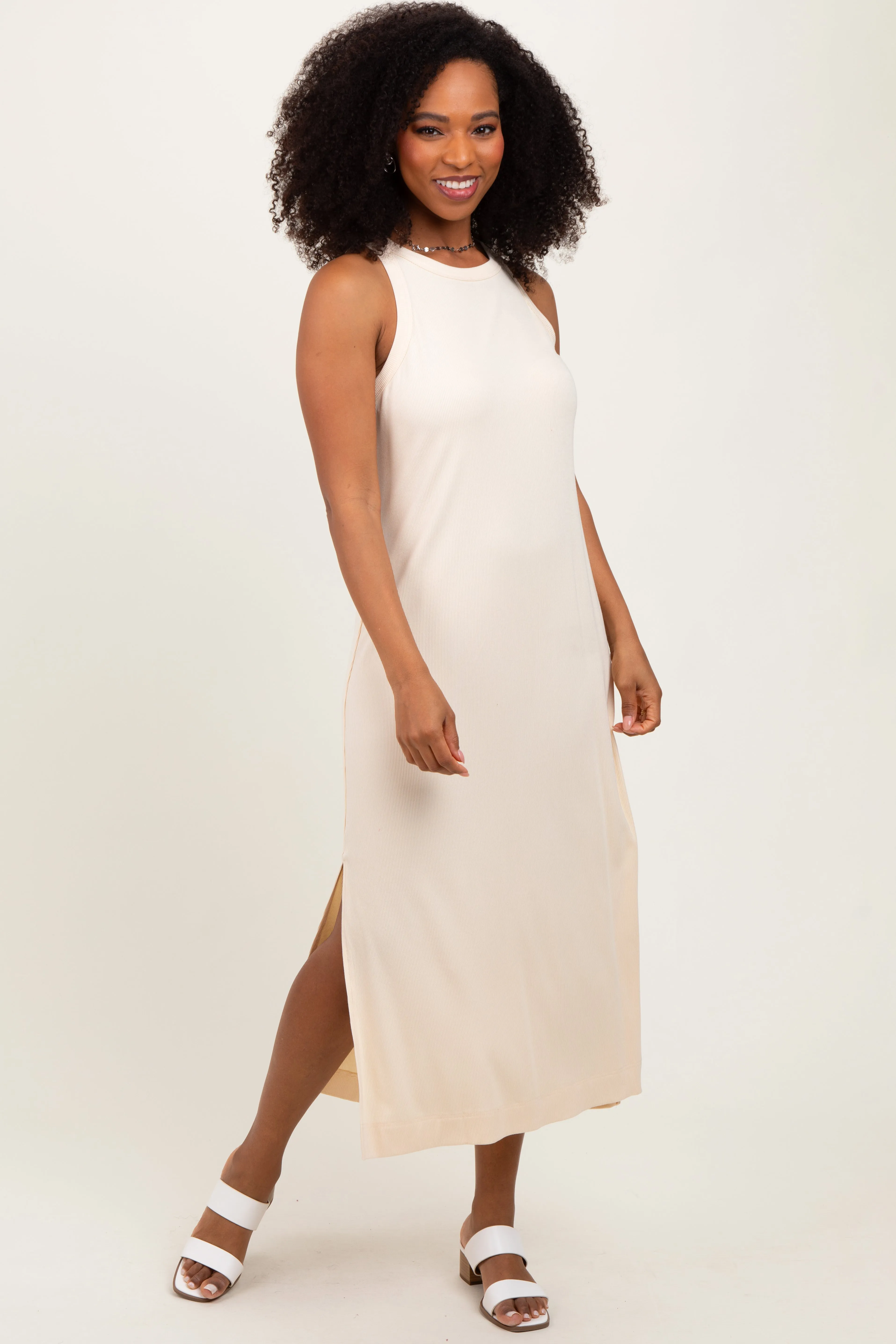 Cream Sleeveless Side Slit Midi Dress sold by Pinkblush product image thumbnail 2