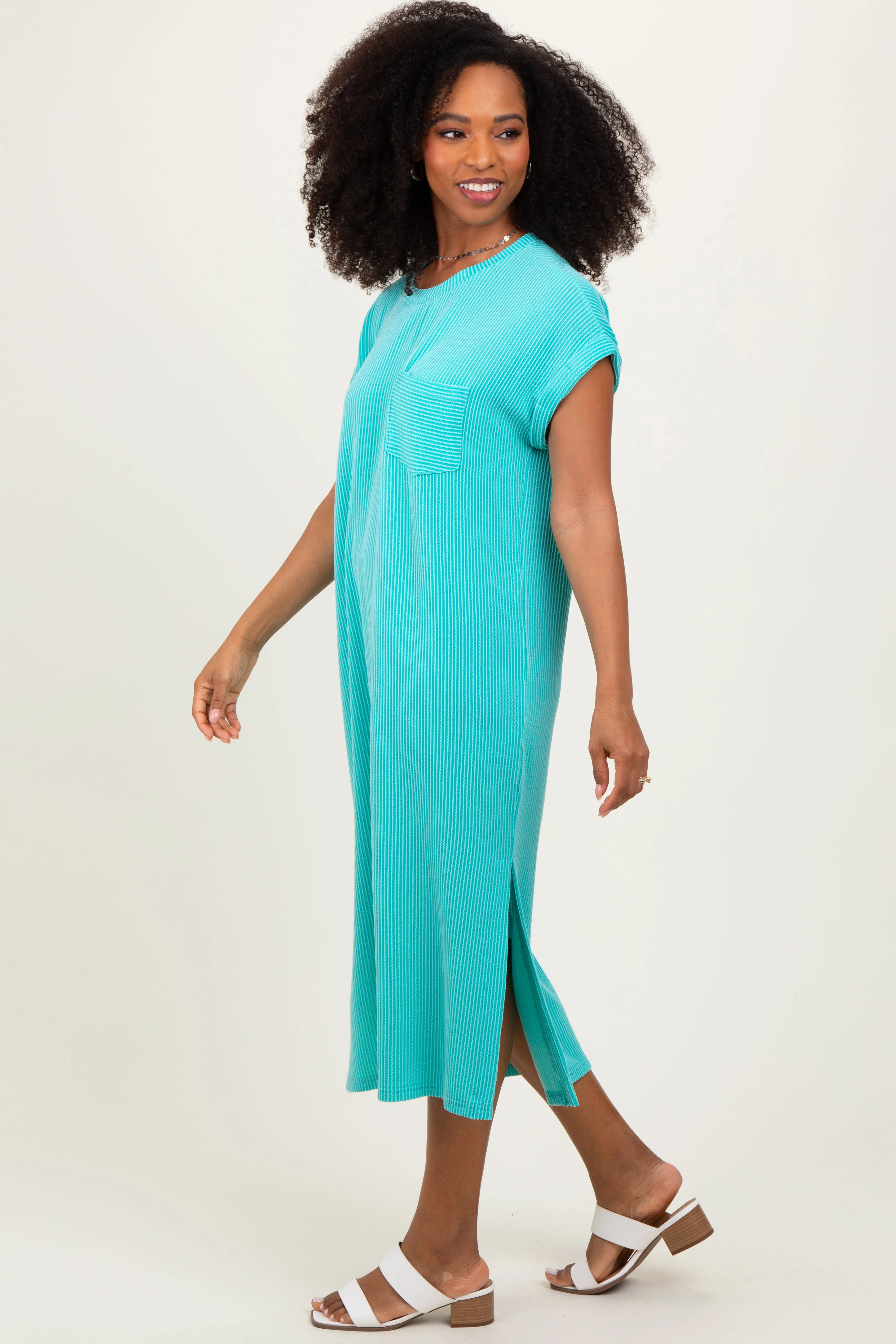 Mint Ribbed Short Sleeve Front Pocket Midi Dress sold by Pinkblush product image thumbnail 2