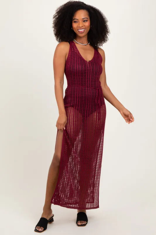 Burgundy Crochet V-Neck Side Slit Cover Up sold by Pinkblush