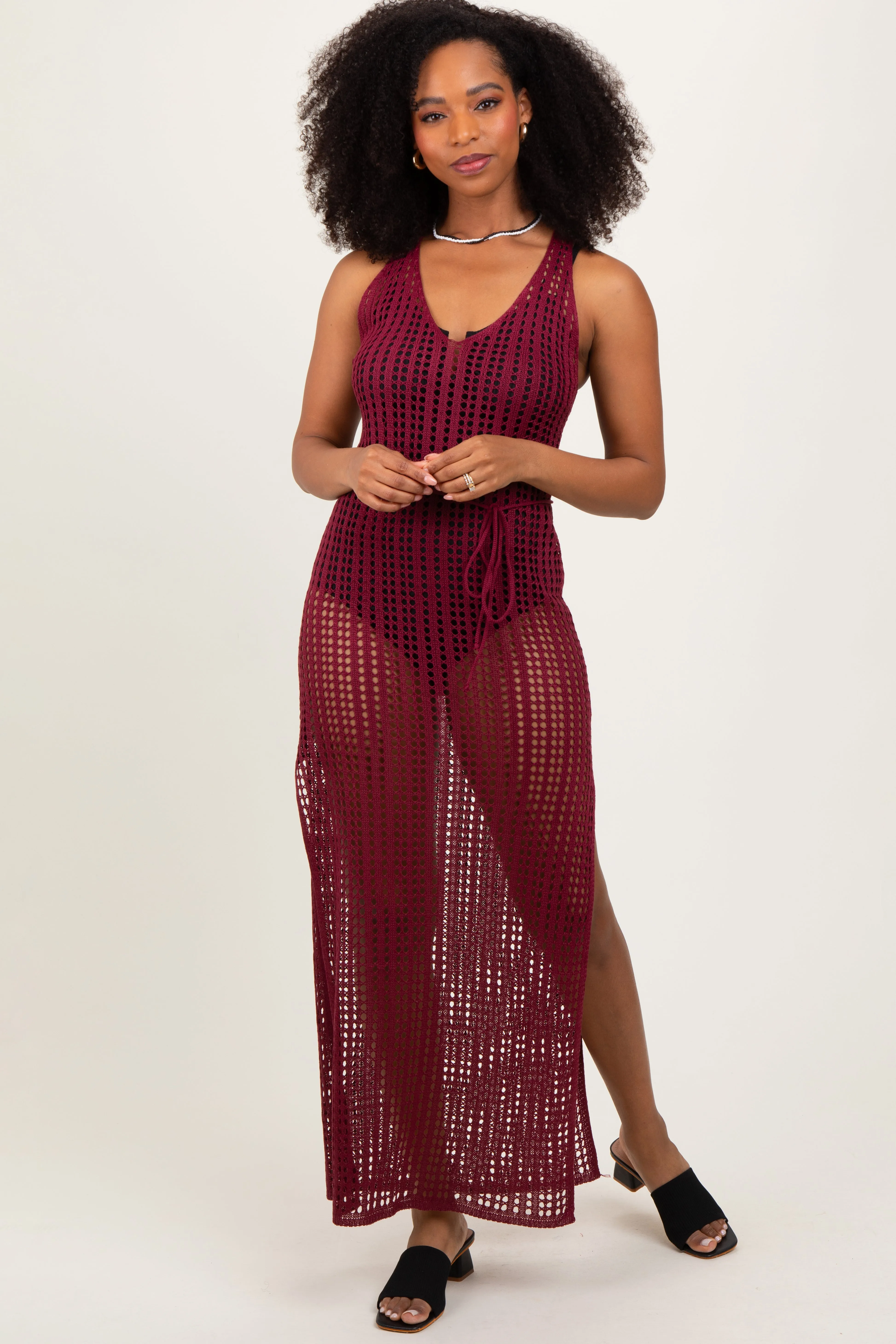 Burgundy Crochet V-Neck Side Slit Cover Up sold by Pinkblush product image thumbnail 2