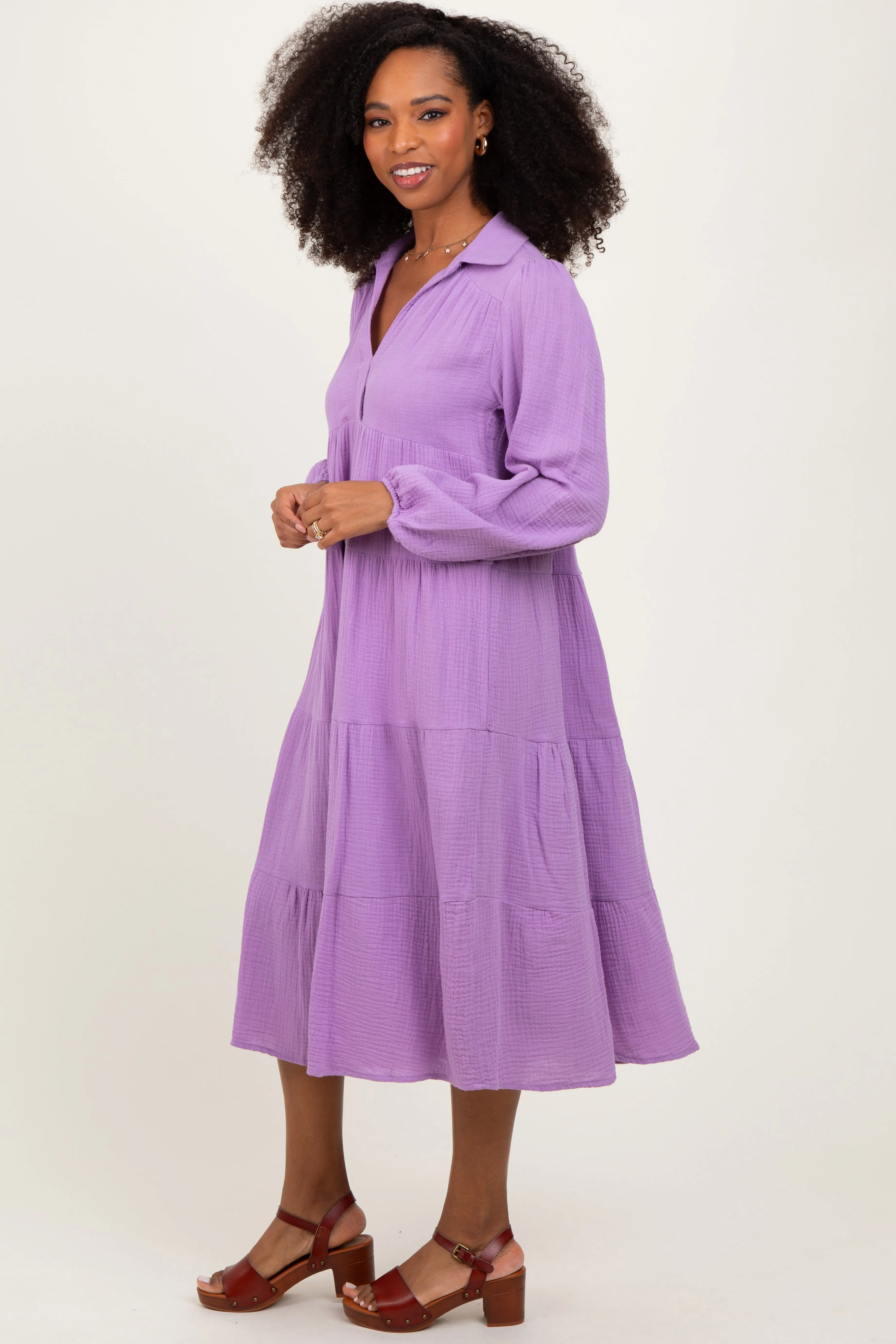 Lavender Light Weight Collared Tiered Midi Dress sold by Pinkblush product image thumbnail 2