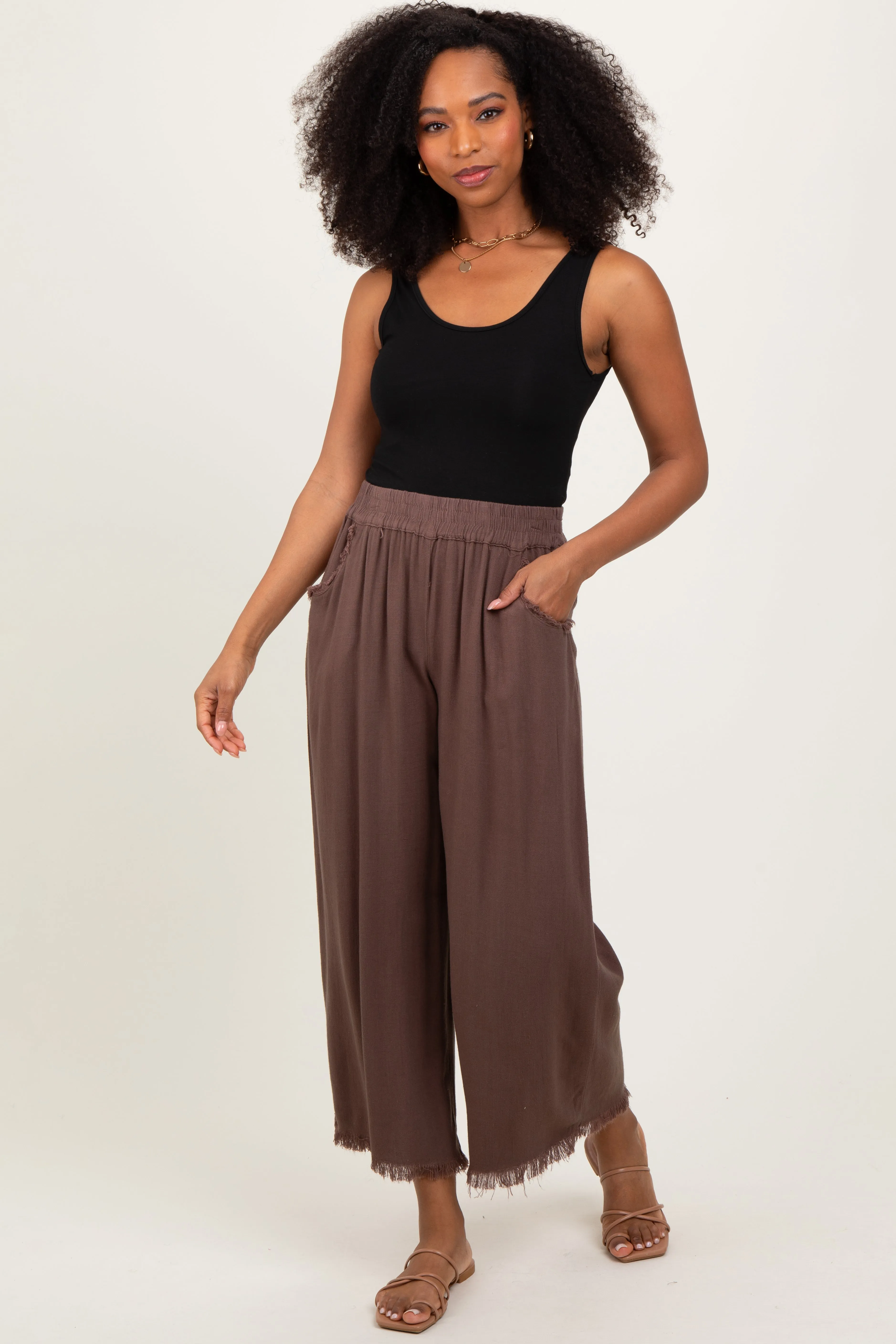 Brown Linen Frayed Hem Crop Pants sold by Pinkblush