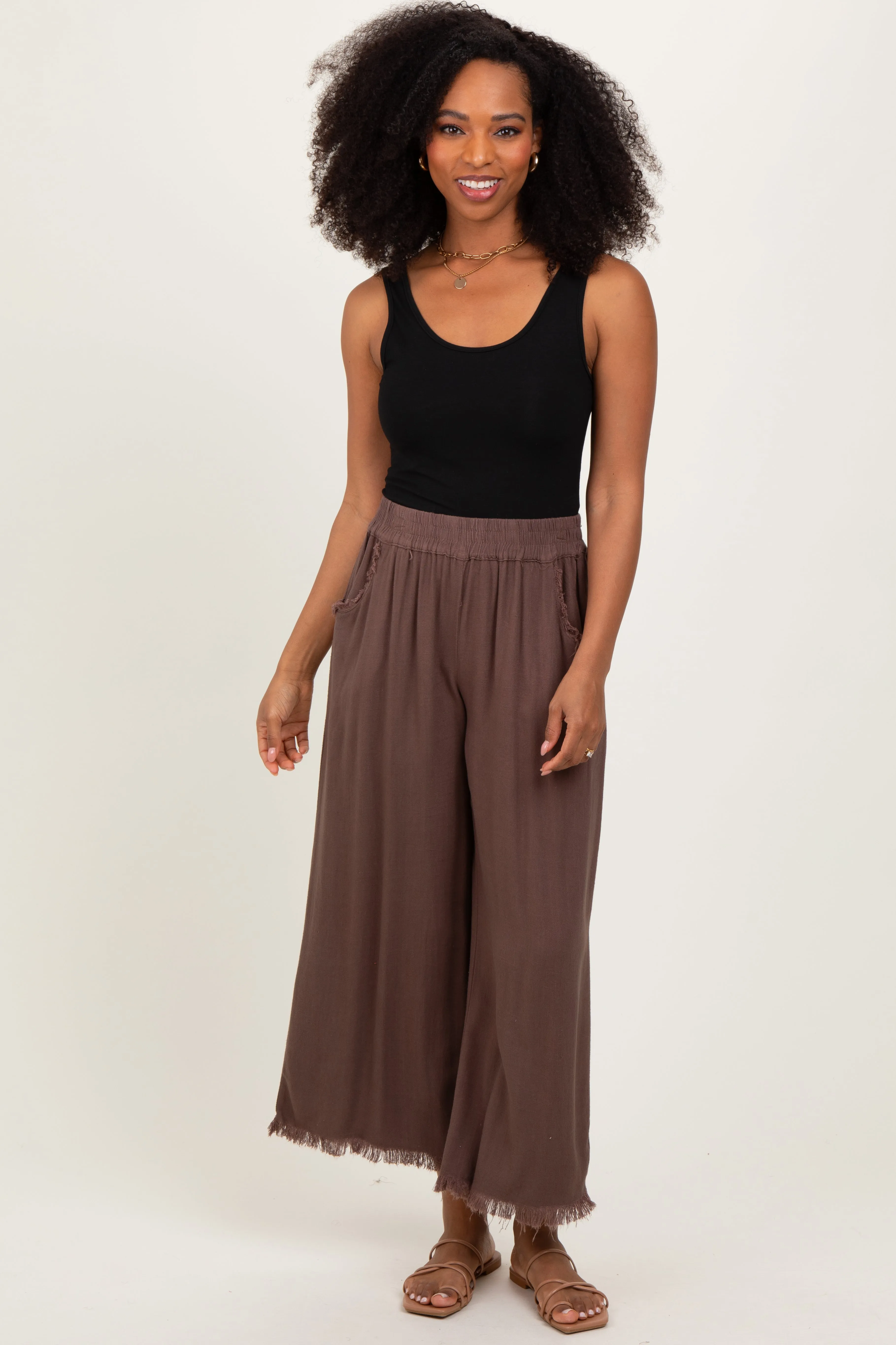 Brown Linen Frayed Hem Crop Pants sold by Pinkblush product image thumbnail 2