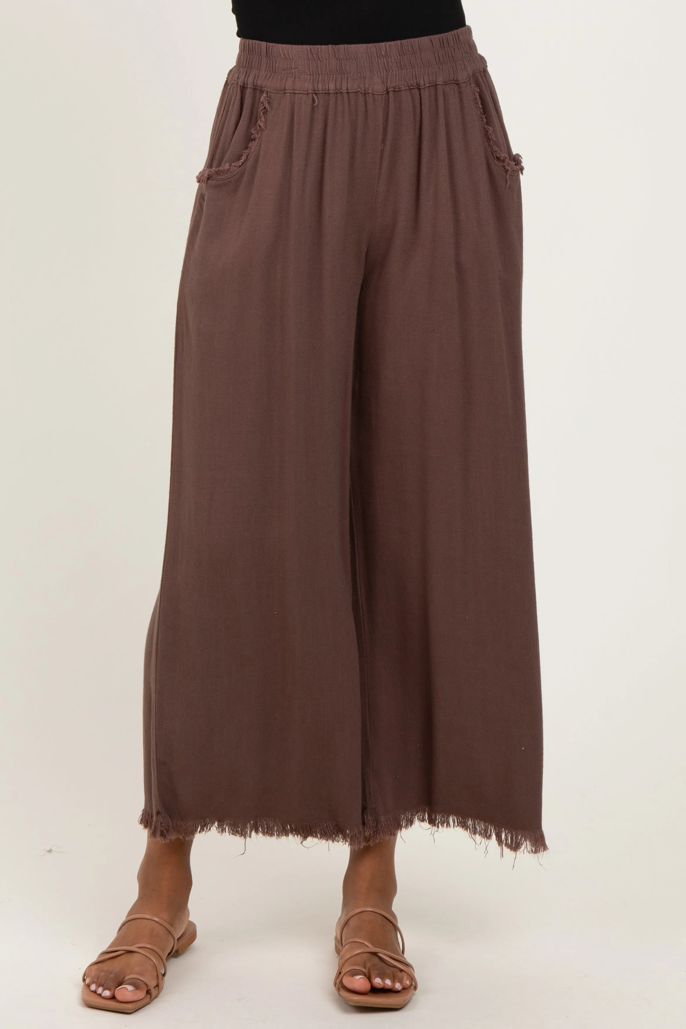 Brown Linen Frayed Hem Crop Pants sold by Pinkblush product image thumbnail 3