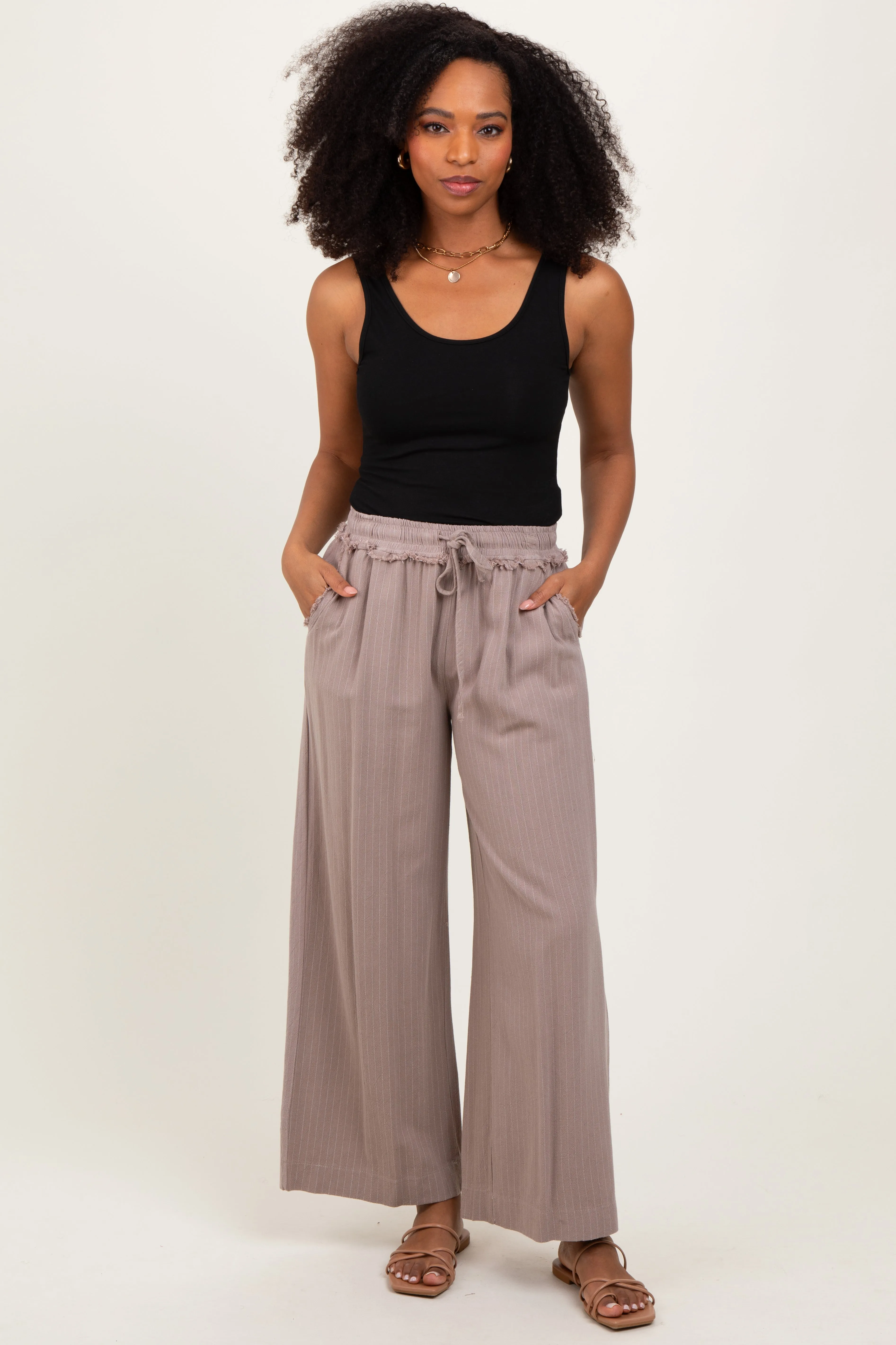 Mocha Striped Drawstring Linen Blend Wide Leg Pants sold by Pinkblush product image thumbnail 2