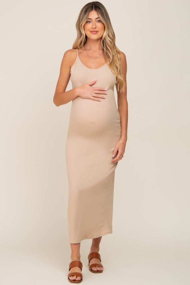 Beige Ribbed Sleeveless Maternity Maxi Dress sold by Pinkblush product image thumbnail 4