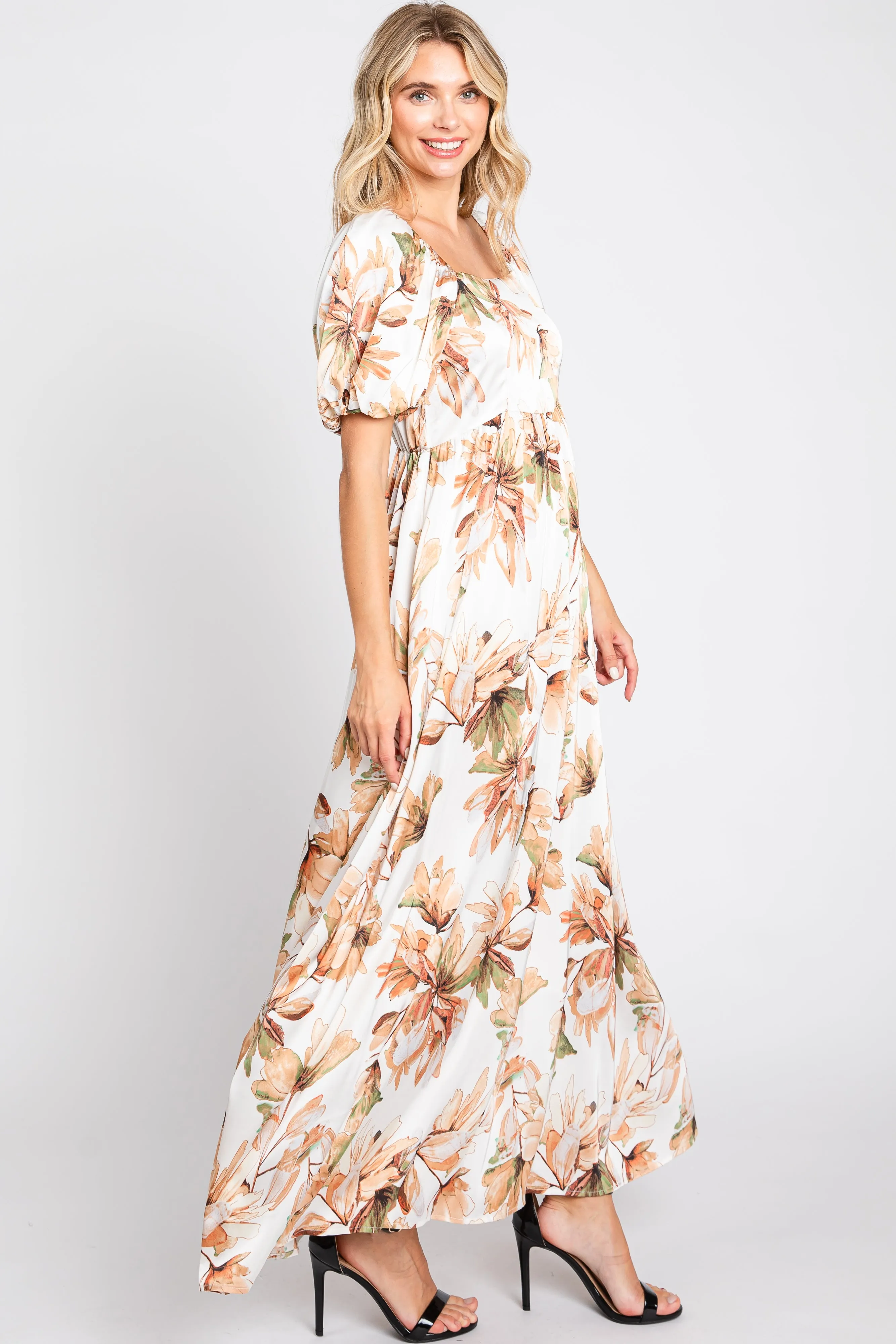 Cream Floral Satin Puff Sleeve Maxi Dress sold by Pinkblush product image thumbnail 2