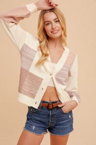 Pink Lavender Color Block Textured Button Down Sweater Cardigan sold by Pinkblush