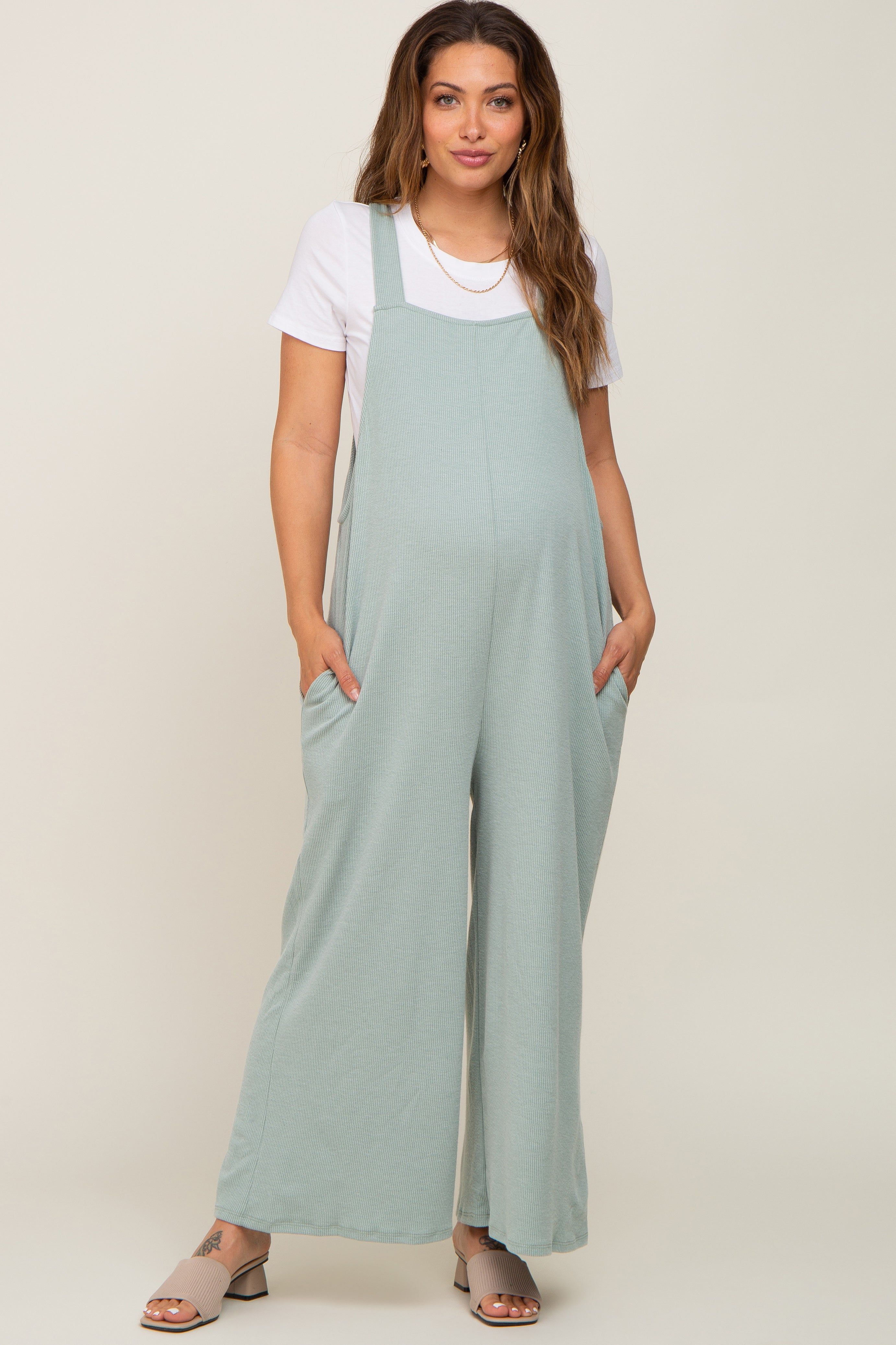 Mint Green Ribbed Maternity Wide Leg Jumpsuit sold by Pinkblush product image thumbnail 4