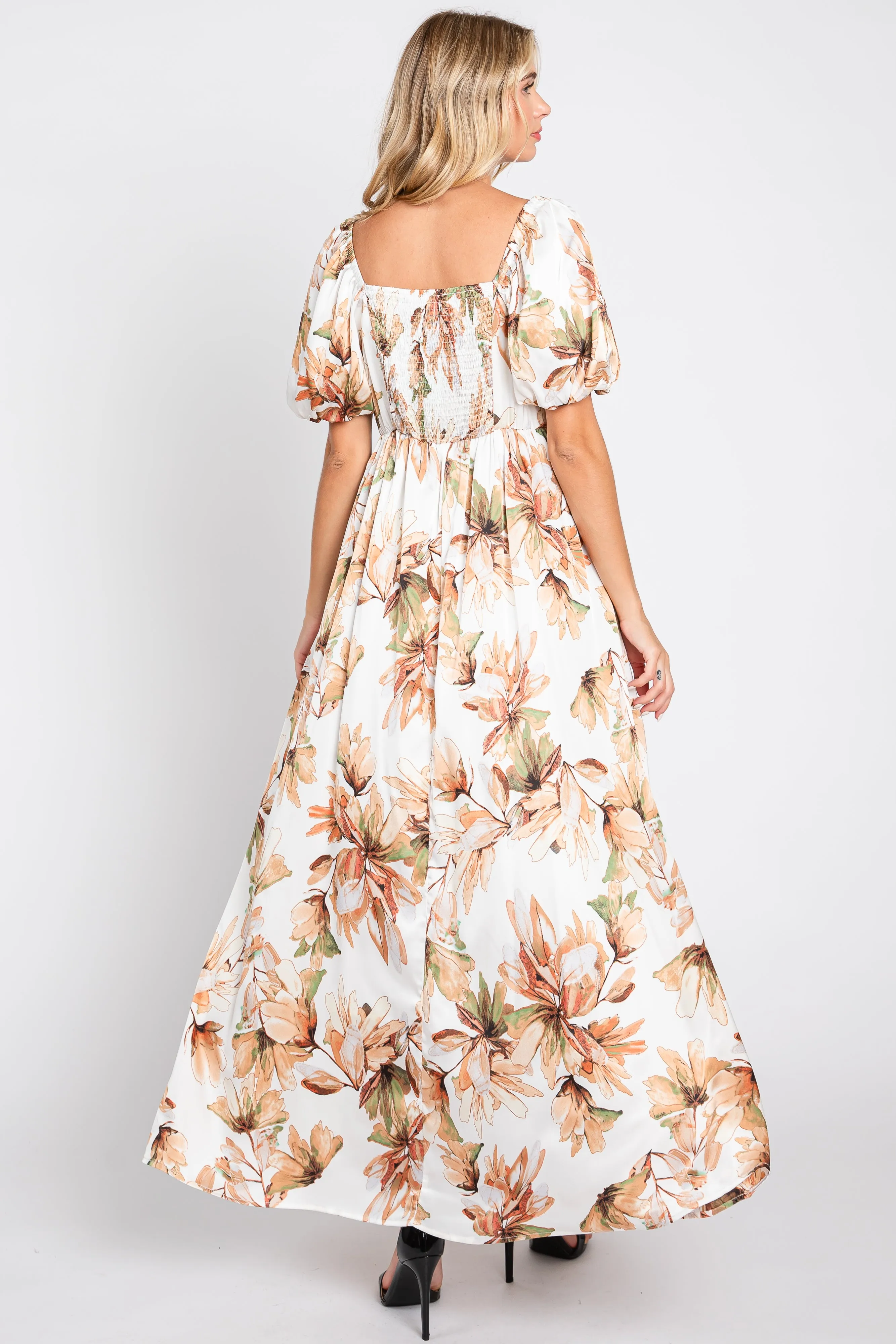 Cream Floral Satin Puff Sleeve Maxi Dress sold by Pinkblush product image thumbnail 3