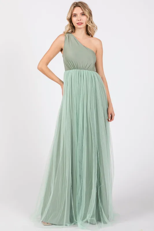 Light Olive One Shoulder Tulle Maxi Dress sold by Pinkblush