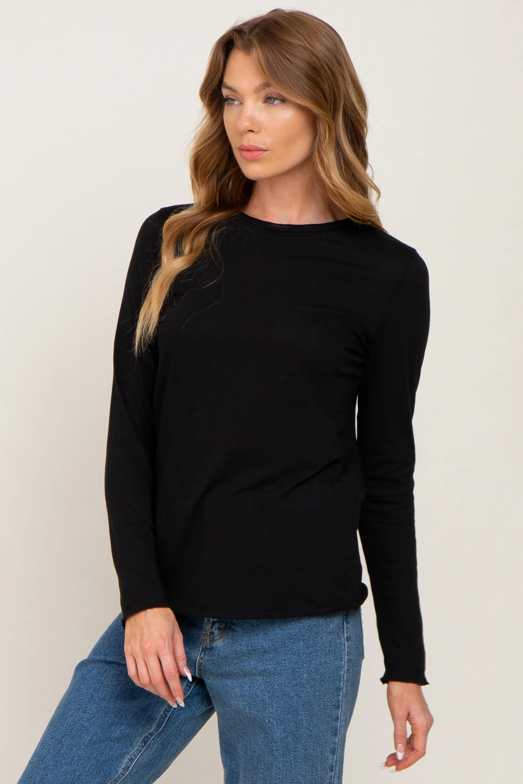 Black Basic Raw Hem Long Sleeve Top sold by Pinkblush product image thumbnail 2