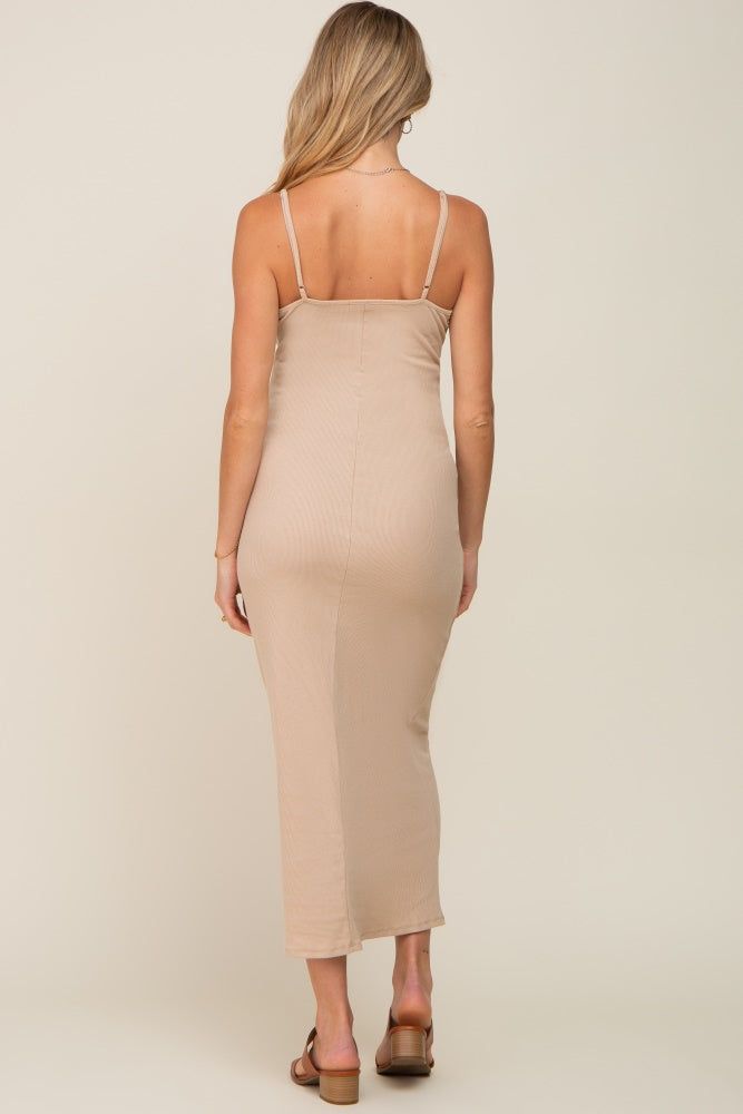 Beige Ribbed Sleeveless Maternity Maxi Dress sold by Pinkblush product image thumbnail 3