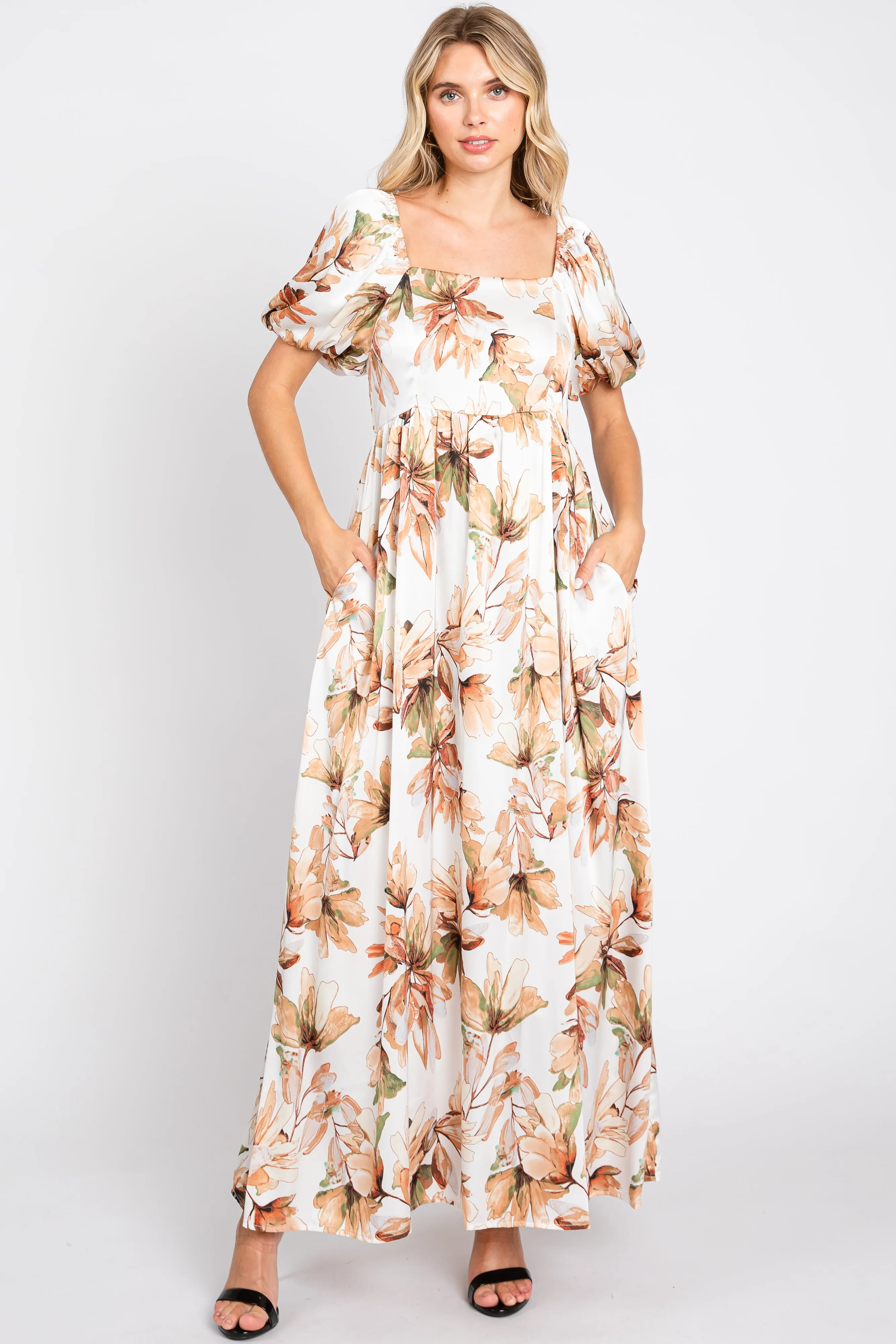 Cream Floral Satin Puff Sleeve Maxi Dress sold by Pinkblush