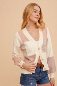Pink Lavender Color Block Textured Button Down Sweater Cardigan sold by Pinkblush