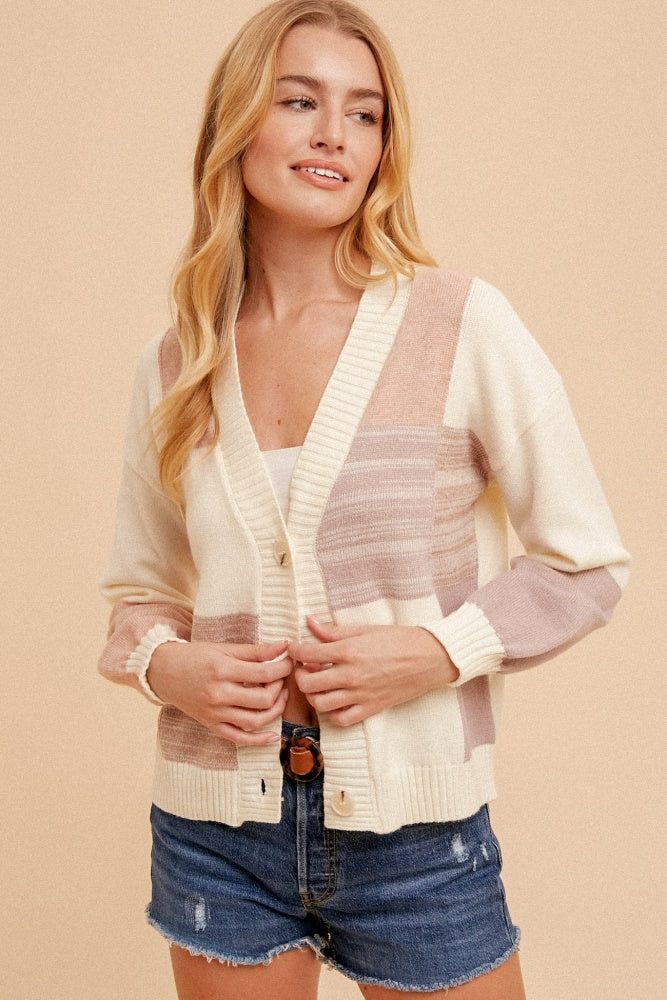 Pink Lavender Color Block Textured Button Down Sweater Cardigan sold by Pinkblush