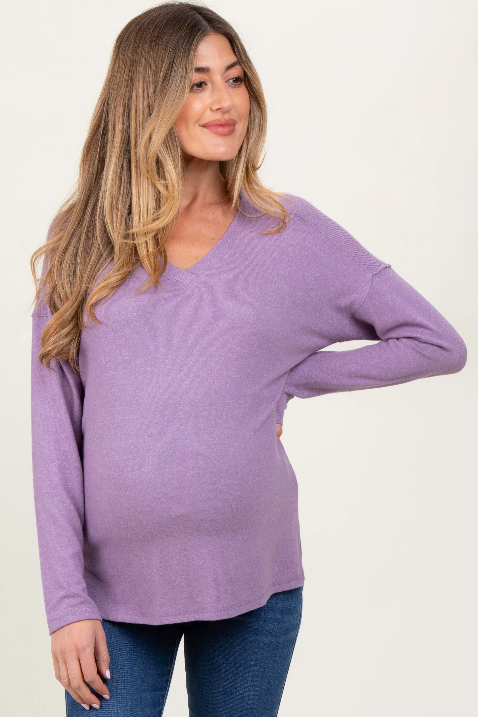 Lavender Basic V-Neck Long Sleeve Brushed Knit Maternity Top sold by Pinkblush