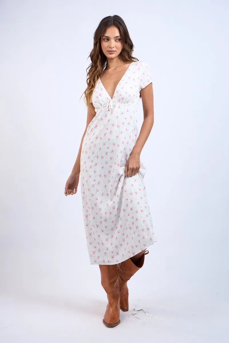 Pink Floral Pattern V-Neck Short Sleeve Long Dress sold by Pinkblush