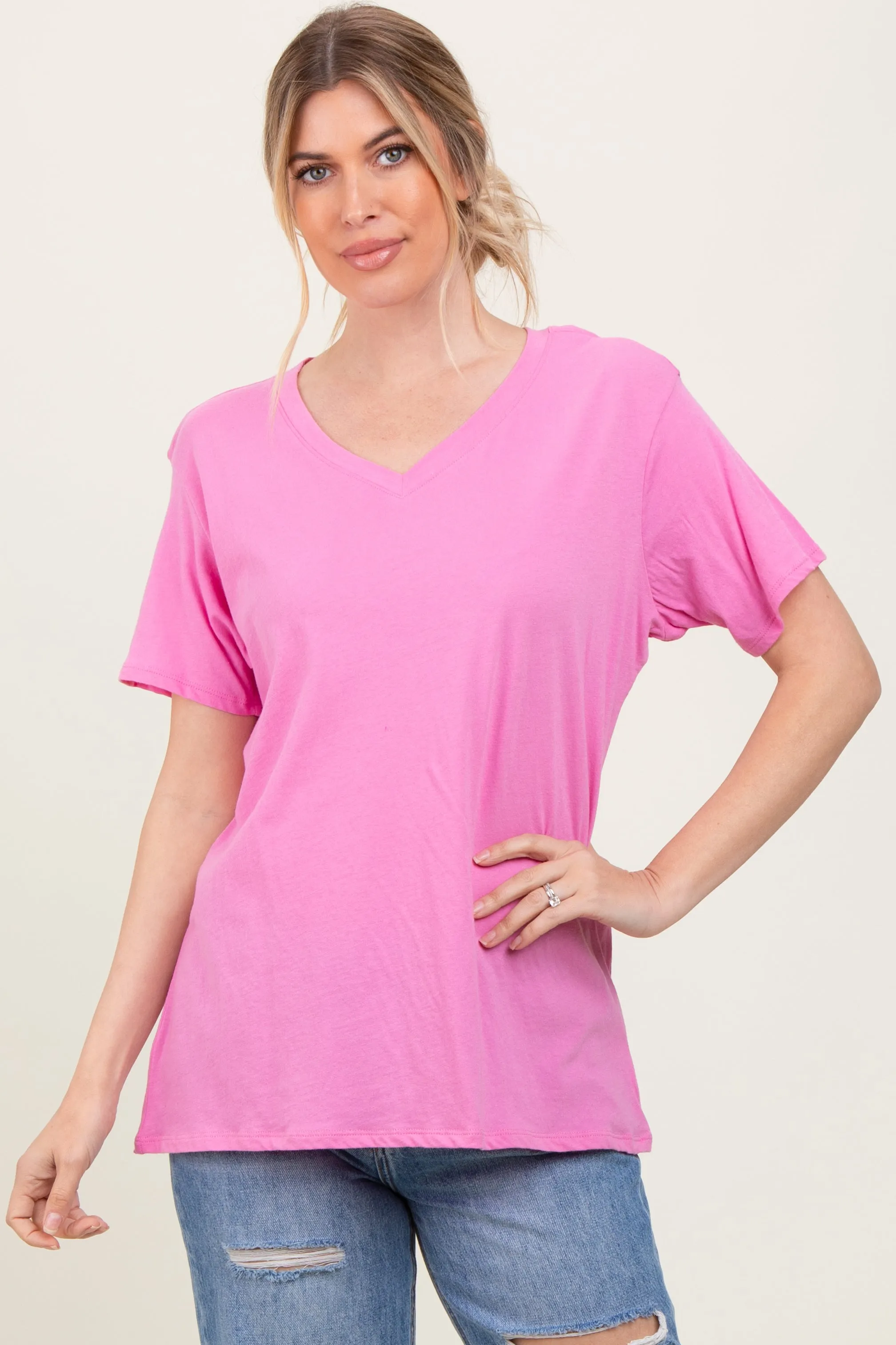 Pink Oversized V-Neck Short Sleeve Tee sold by Pinkblush