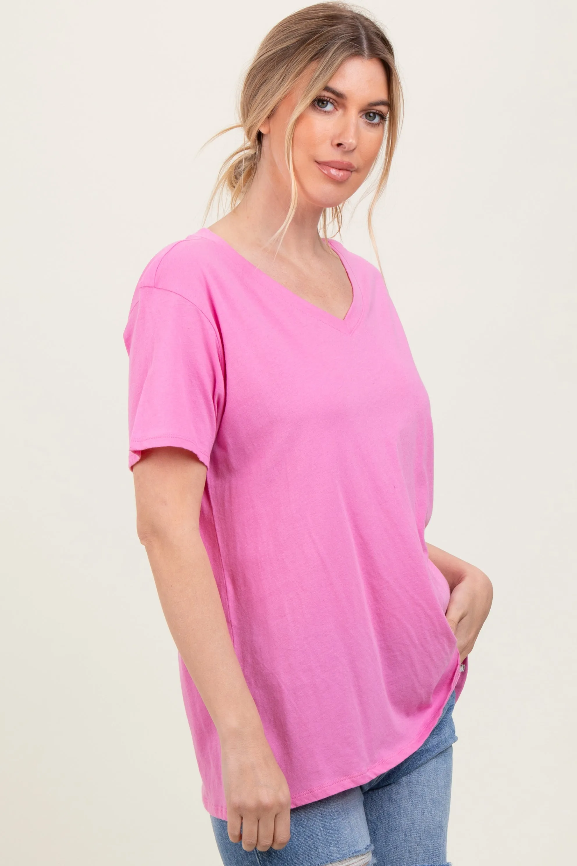 Pink Oversized V-Neck Short Sleeve Tee sold by Pinkblush product image thumbnail 3