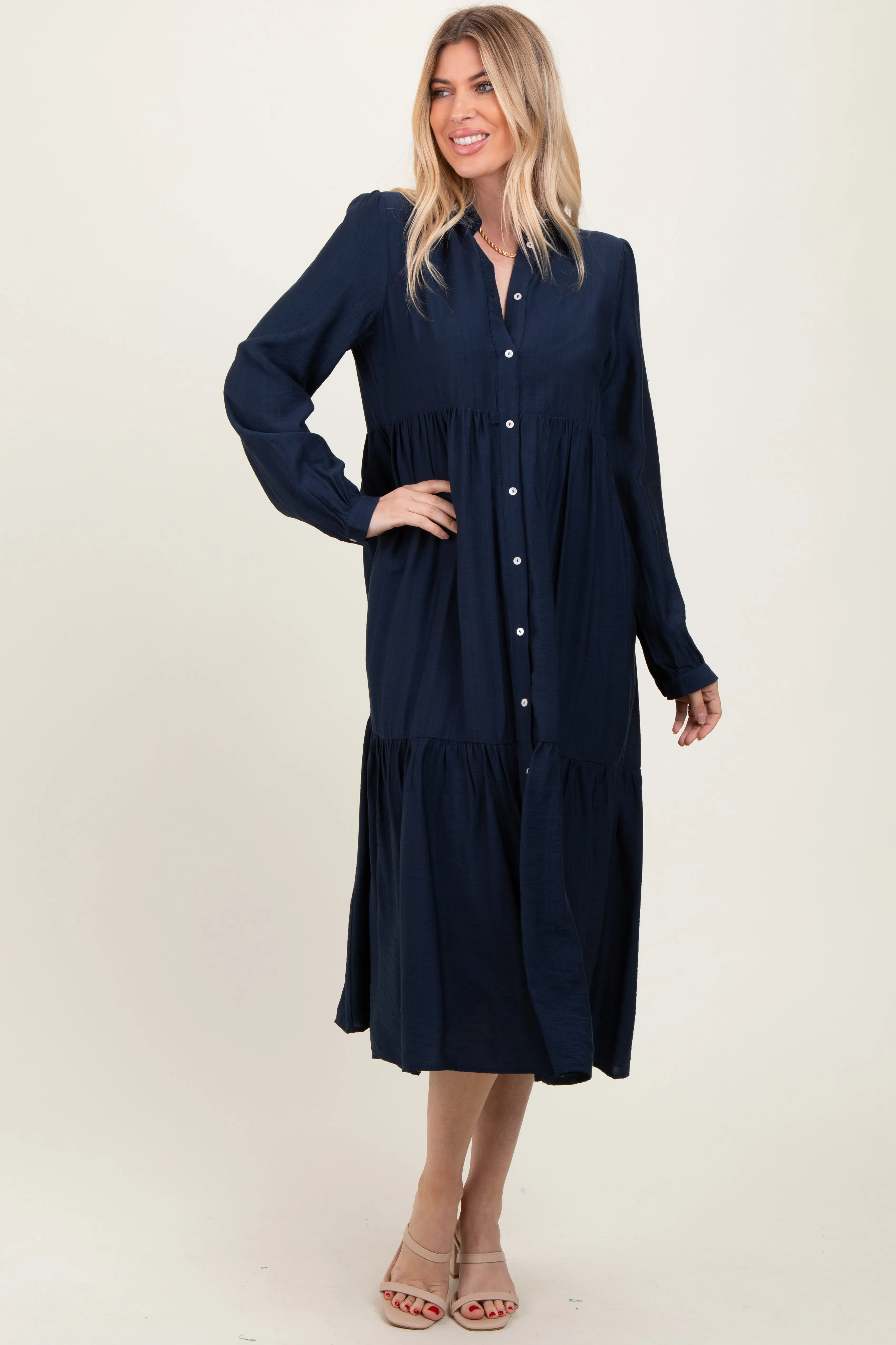Navy Button Down Long Sleeve Midi Shirt Dress sold by Pinkblush product image thumbnail 2
