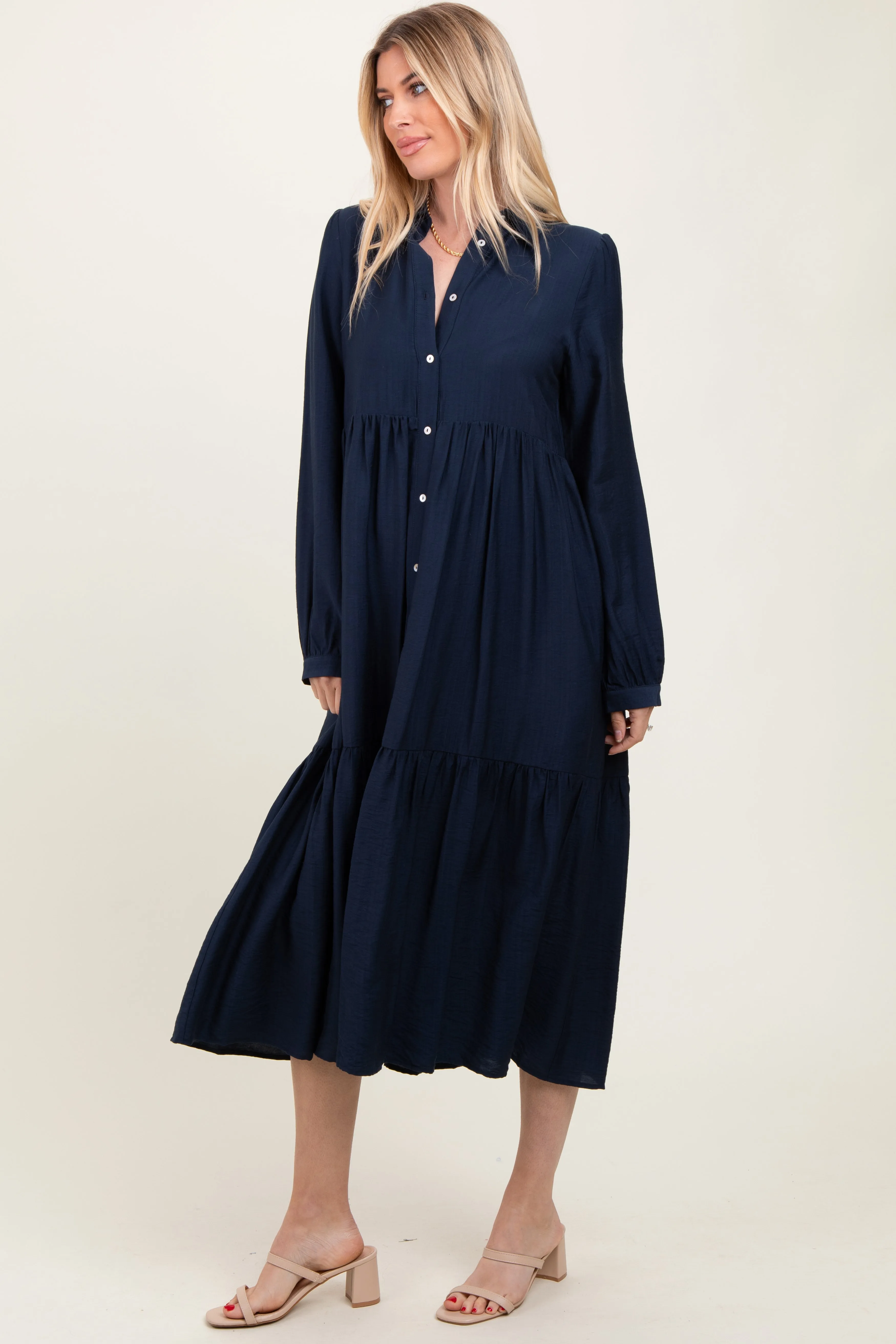 Navy Button Down Long Sleeve Midi Shirt Dress sold by Pinkblush product image thumbnail 3