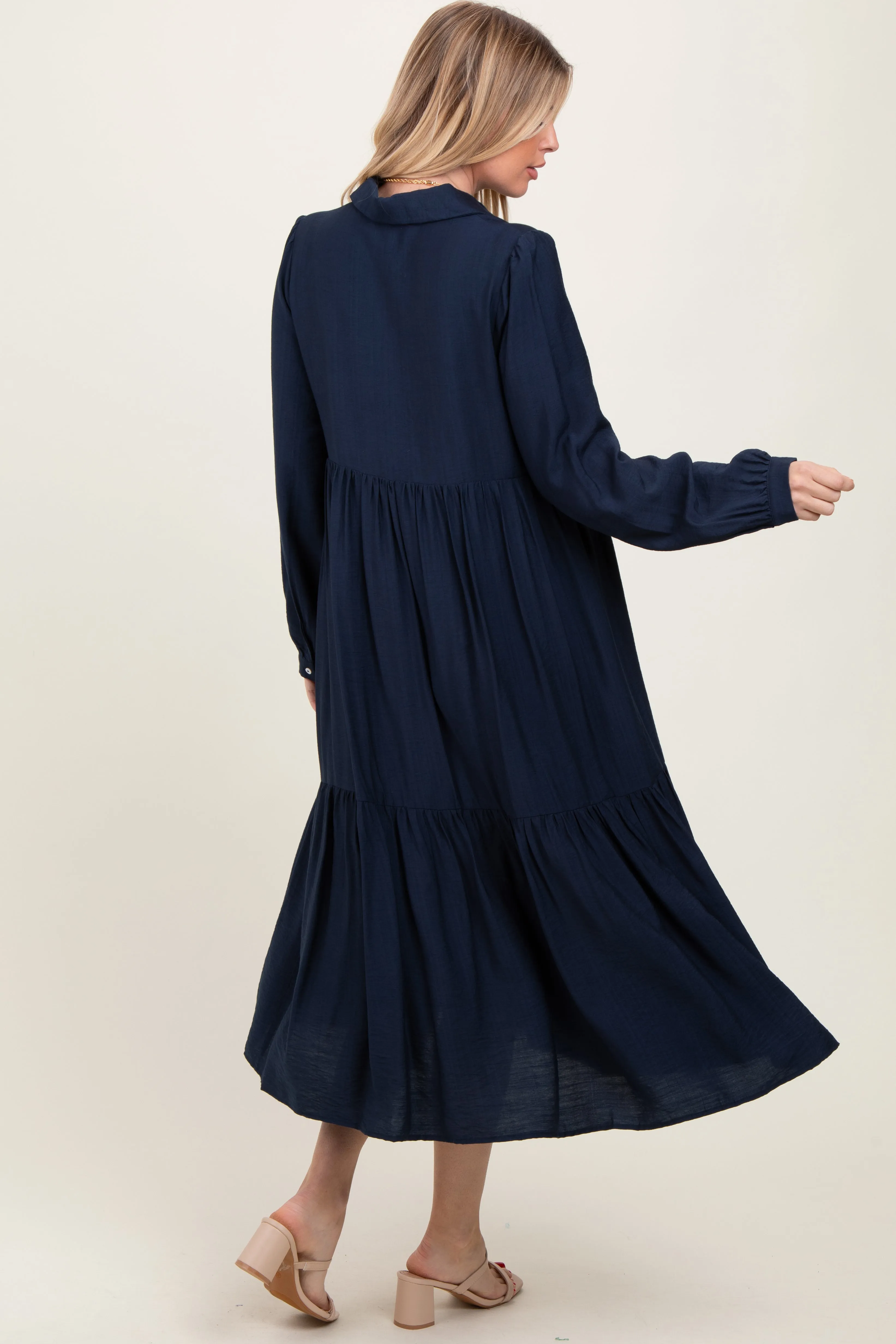 Navy Button Down Long Sleeve Midi Shirt Dress sold by Pinkblush product image thumbnail 4