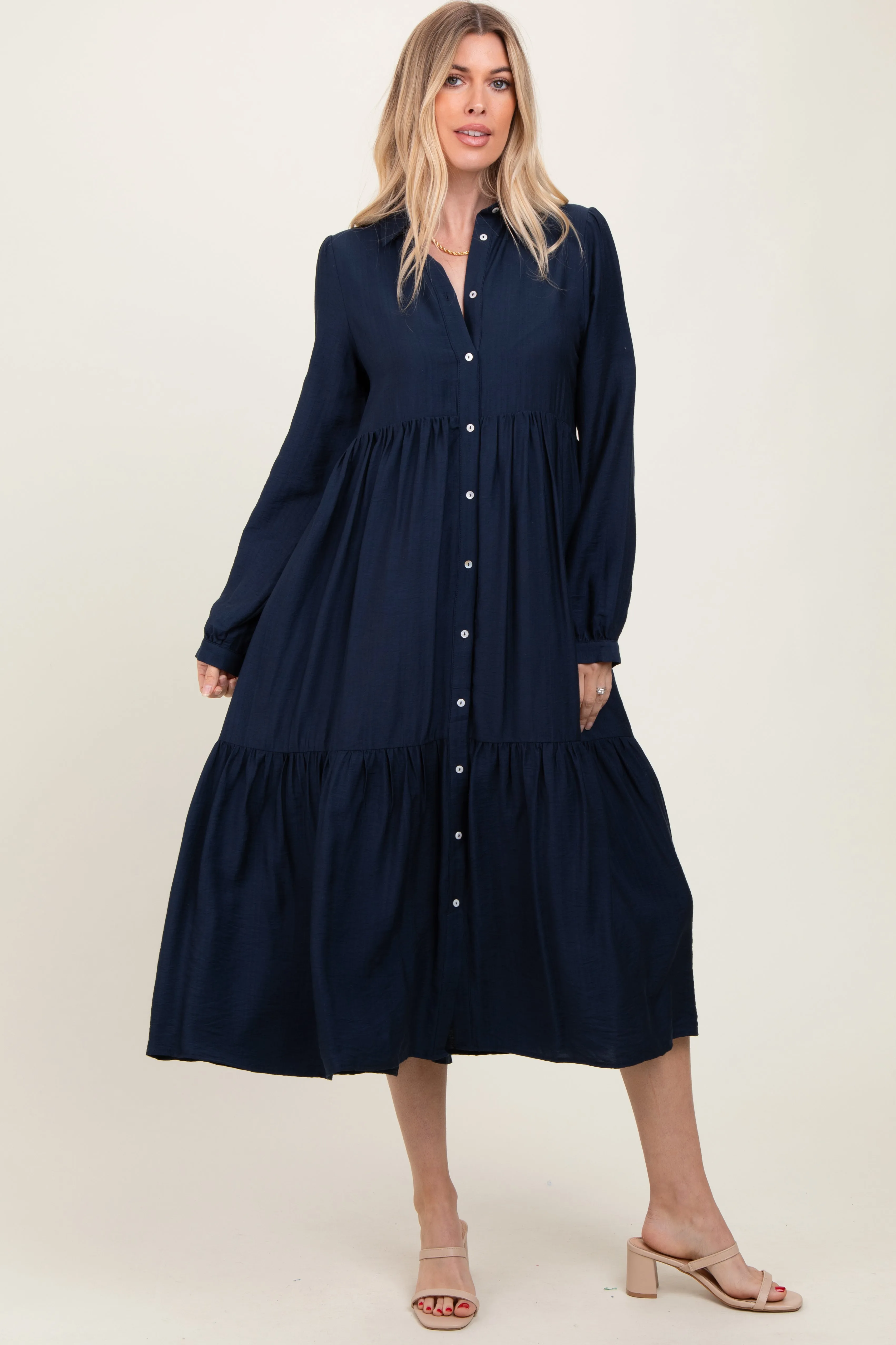 Navy Button Down Long Sleeve Midi Shirt Dress sold by Pinkblush