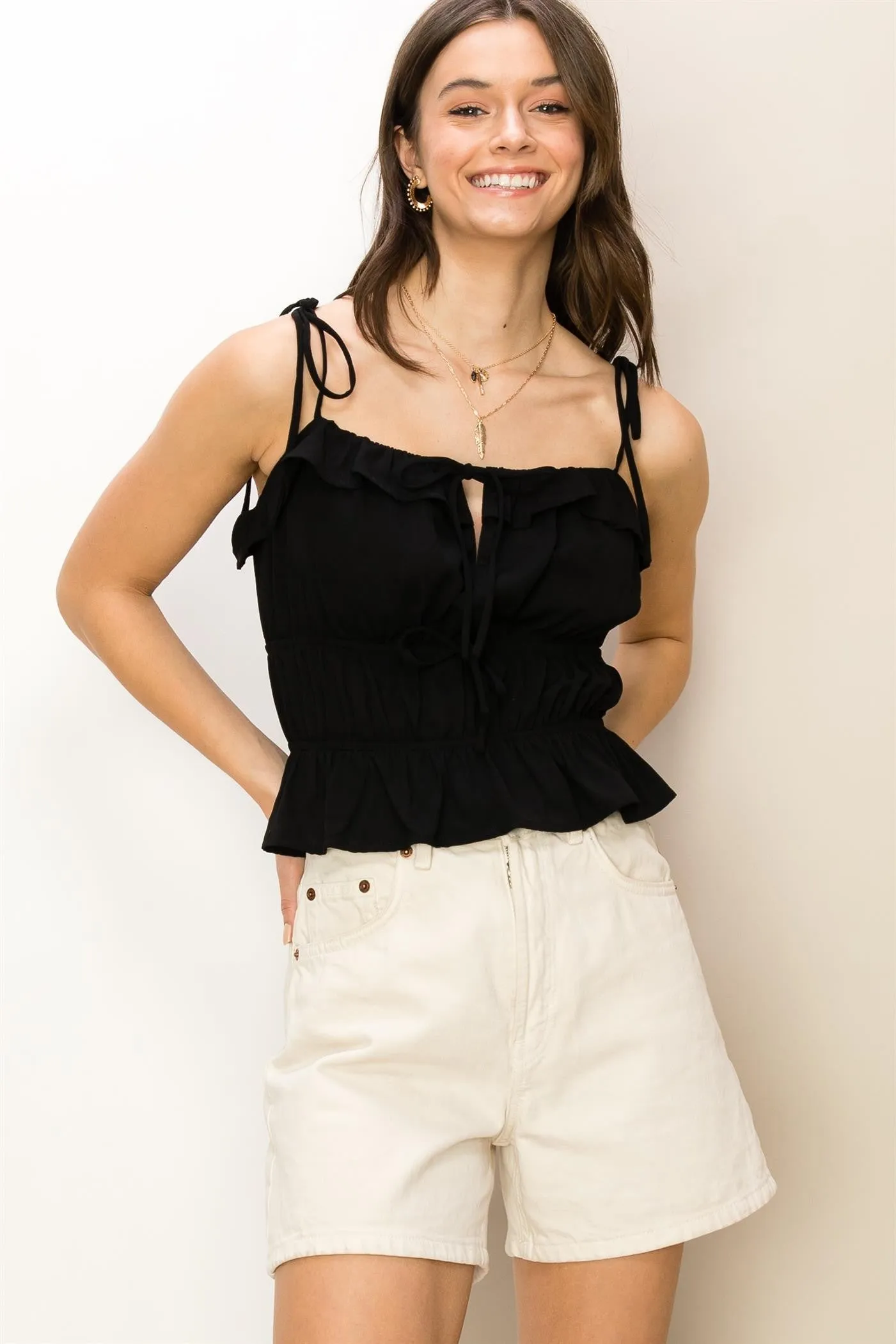 Black Tie-Shoulder Peplum Top sold by Pinkblush