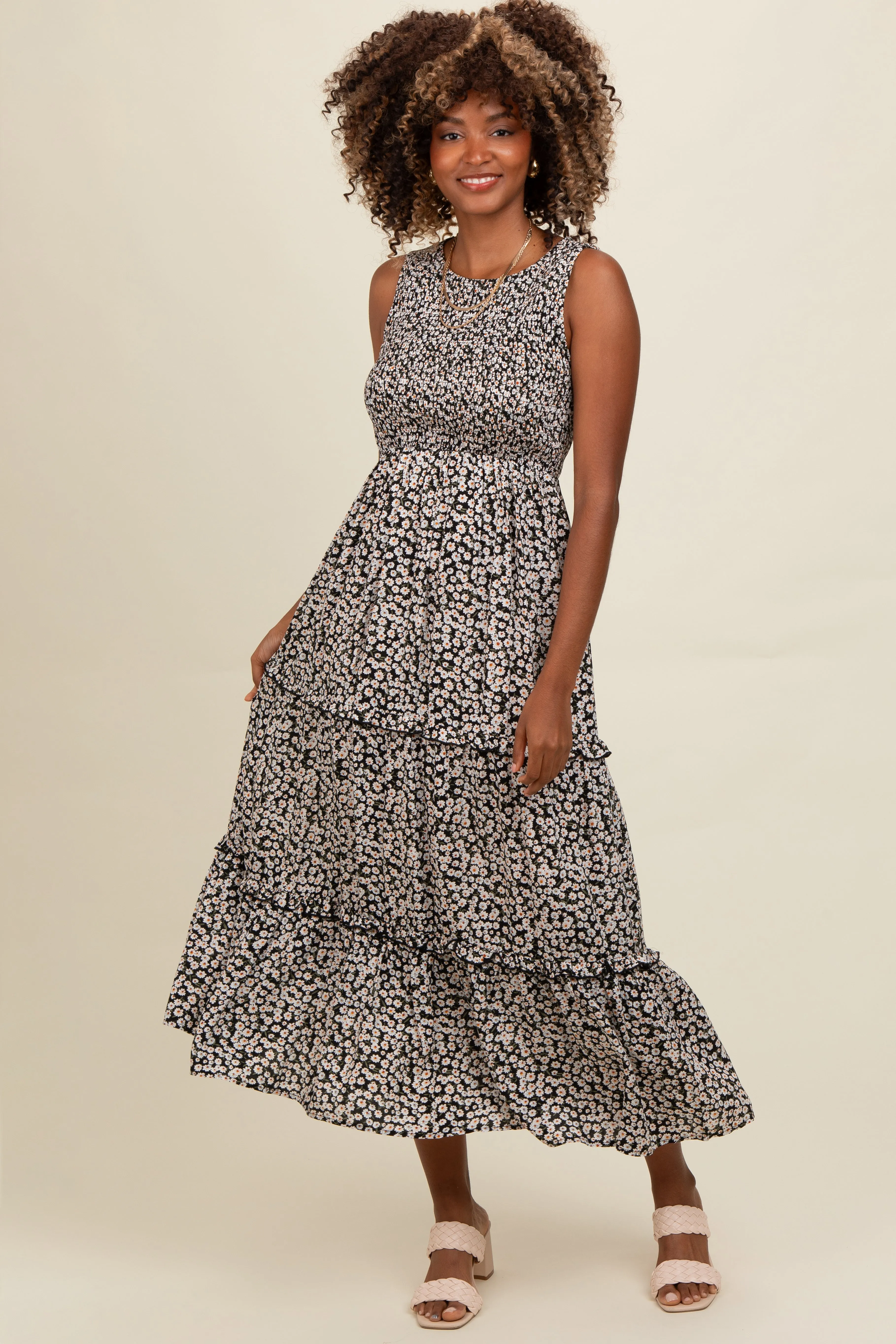 Black Floral Sleeveless Ruffle Tiered Maxi Dress sold by Pinkblush