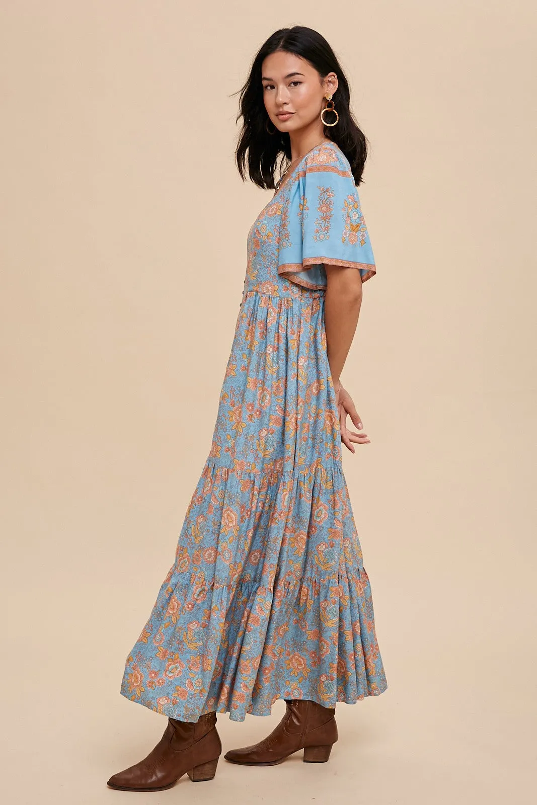 Dusty Blue Border Print Button Front Midi Dress sold by Pinkblush product image thumbnail 2